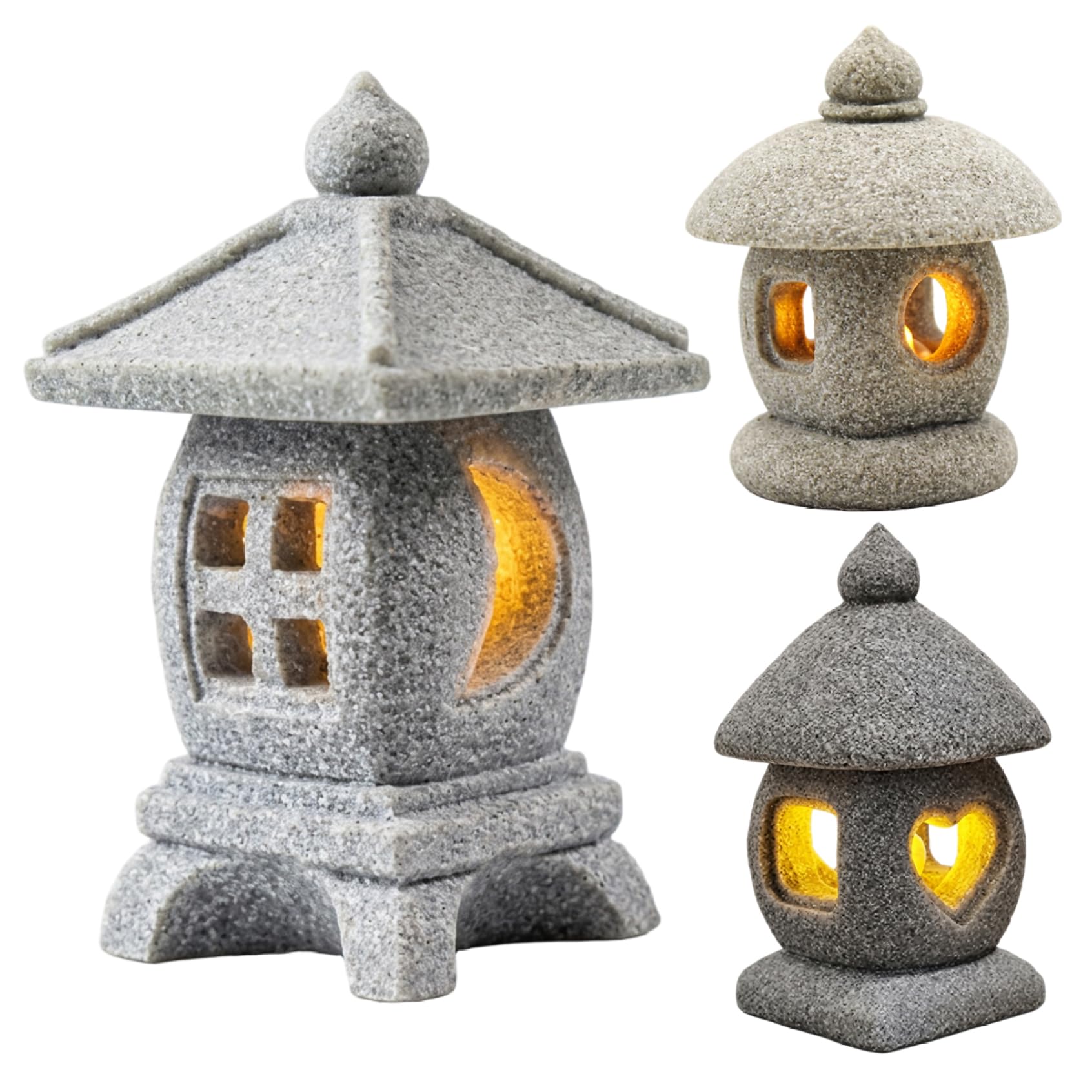 Bonalake 3Pcs Pagoda Garden Statue, Realistic Stone Texture Mini Lantern with Warm LED Light, Japanese Garden Decor and Bonsai Figurines Mini Lantern
