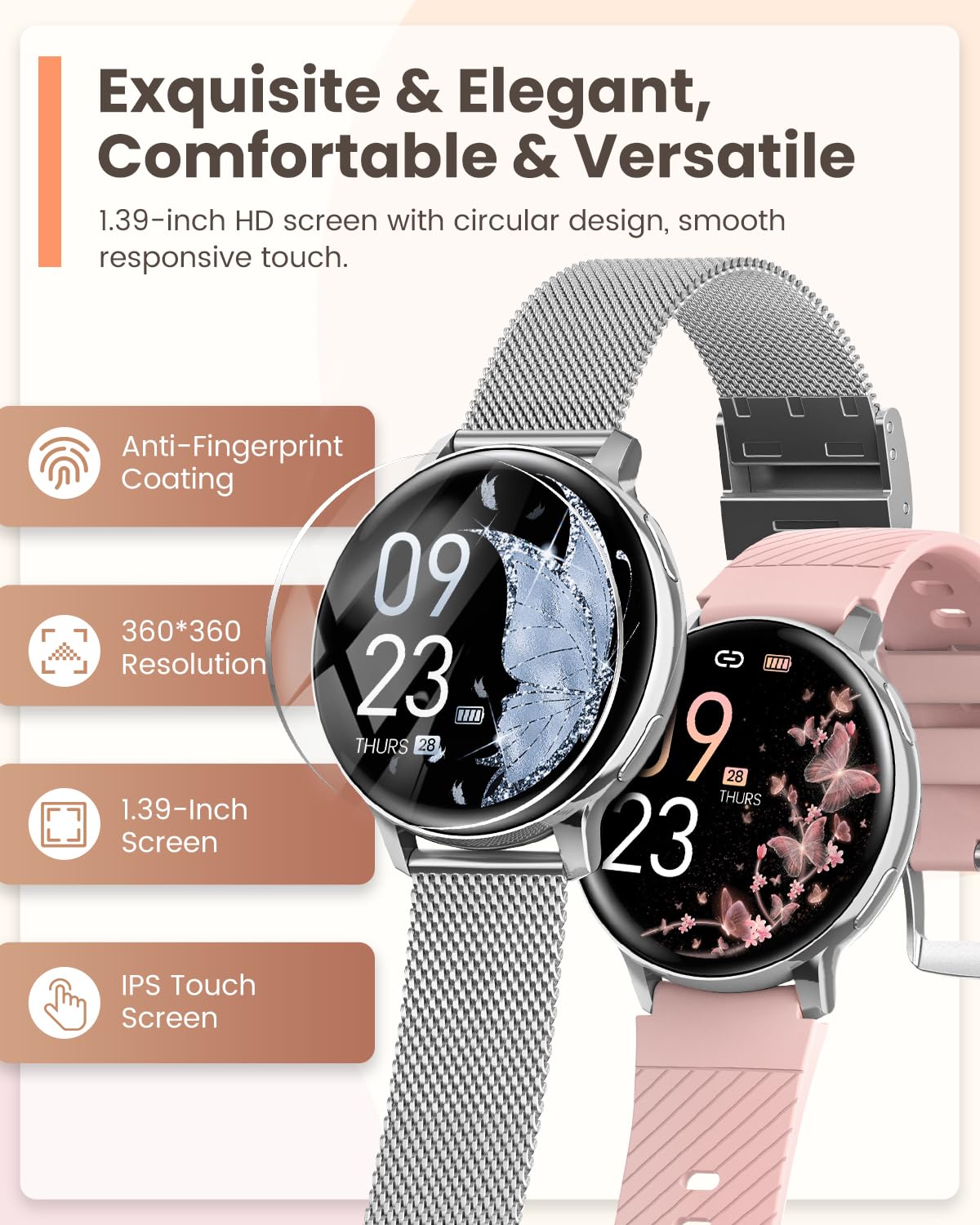 Sanorum Smartwatch Donna, 1.39" Orologio Smartwatch con Chiamate, Fisiologia Femminile, 24H Cardiofrequenzimetro SpO2, Sonno, 120+ Sport, Notifiche, Smart Watch Fitness per iOS Android Argento