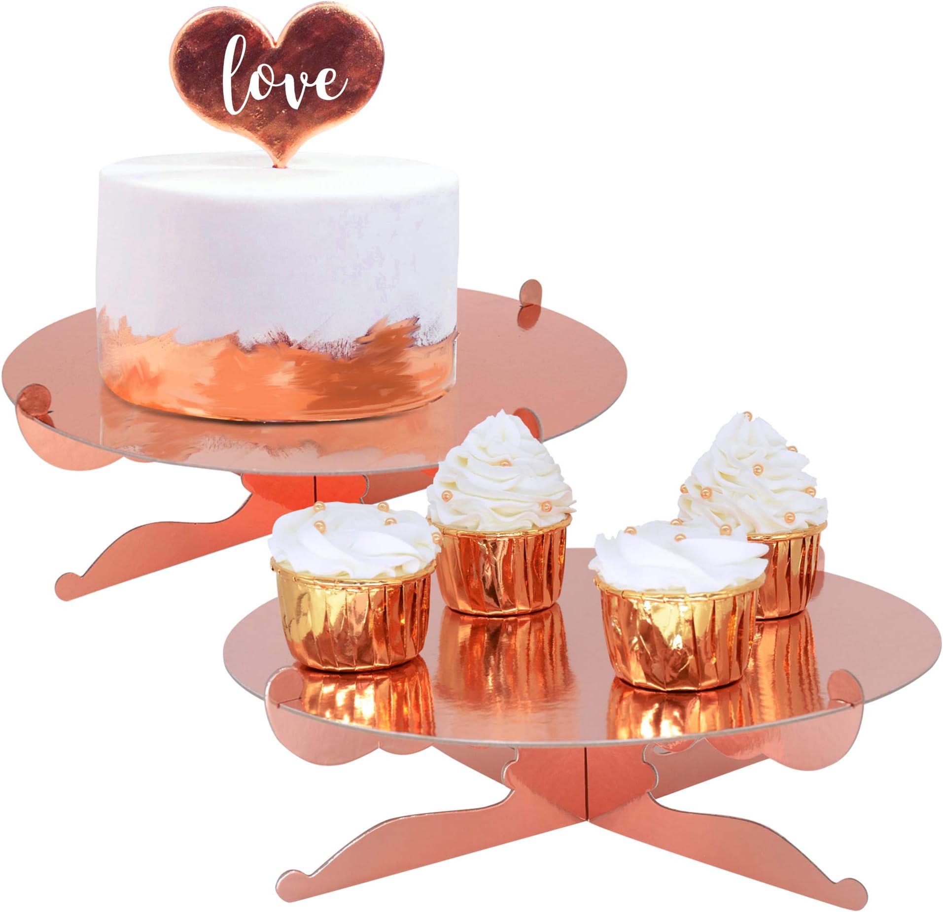 1-Tier Gold Round Cardboard Cupcake Stand Dessert Holder Reusable Birthday Wedding Festival Decoration (Rose Gold)