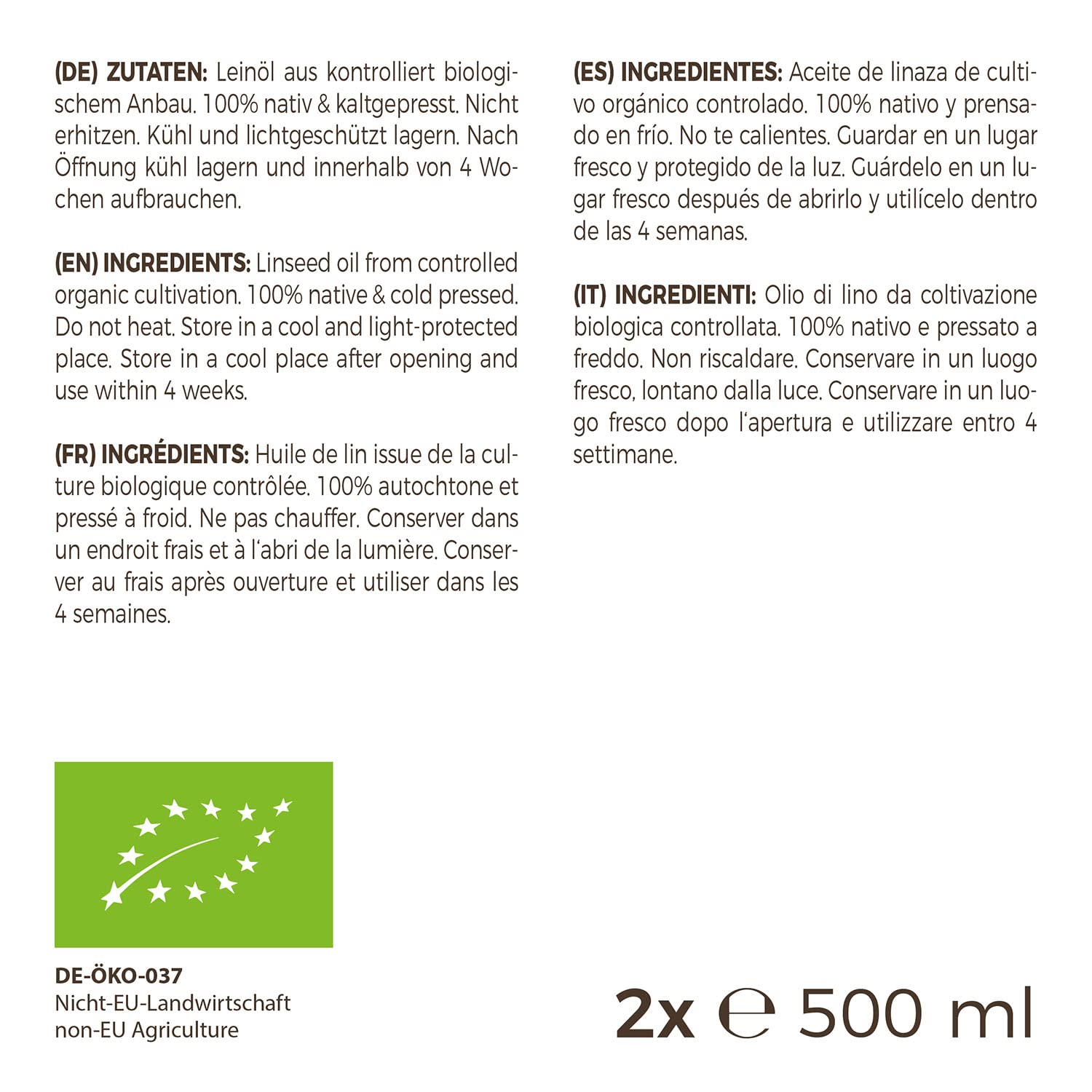 Aceite de linaza orgánico MeaVita, 100% puro y prensado en frío, paquete de 2 (2x 500ml) en botella de vidrio