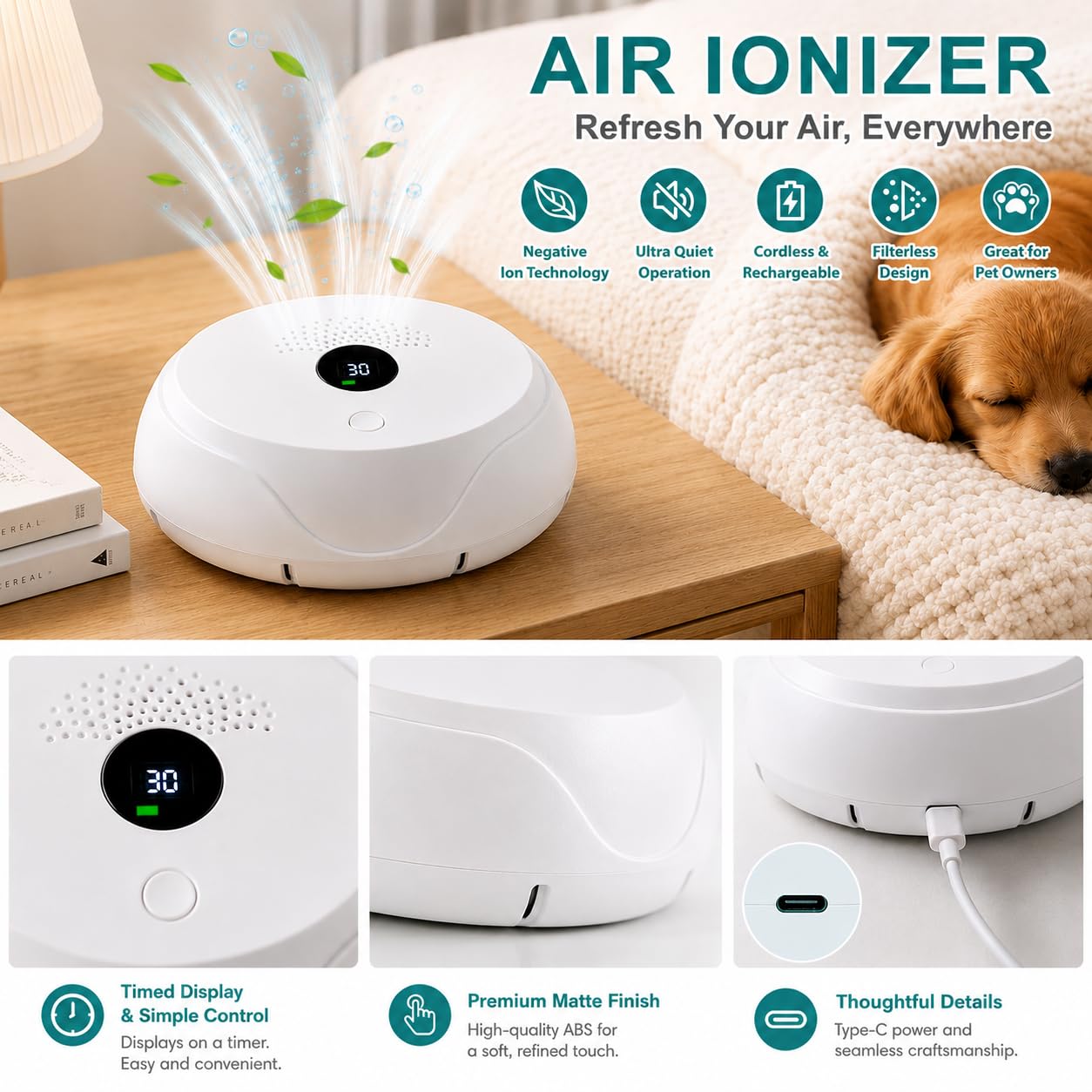 Ionizzatore d'aria 2026, purificatore d'aria ricaricabile agli ioni negativi, funzionamento silenzioso, deodorante portatile per casa, camera da letto, ufficio e cantina, odore, fumo, polvere e odore