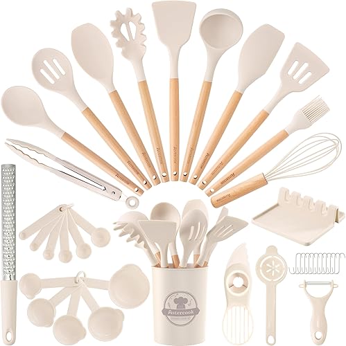 Astercook Juego de utensilios de cocina, 39 piezas de utensilios de cocina de silicona con mango de madera, juegos de utensilios de cocina