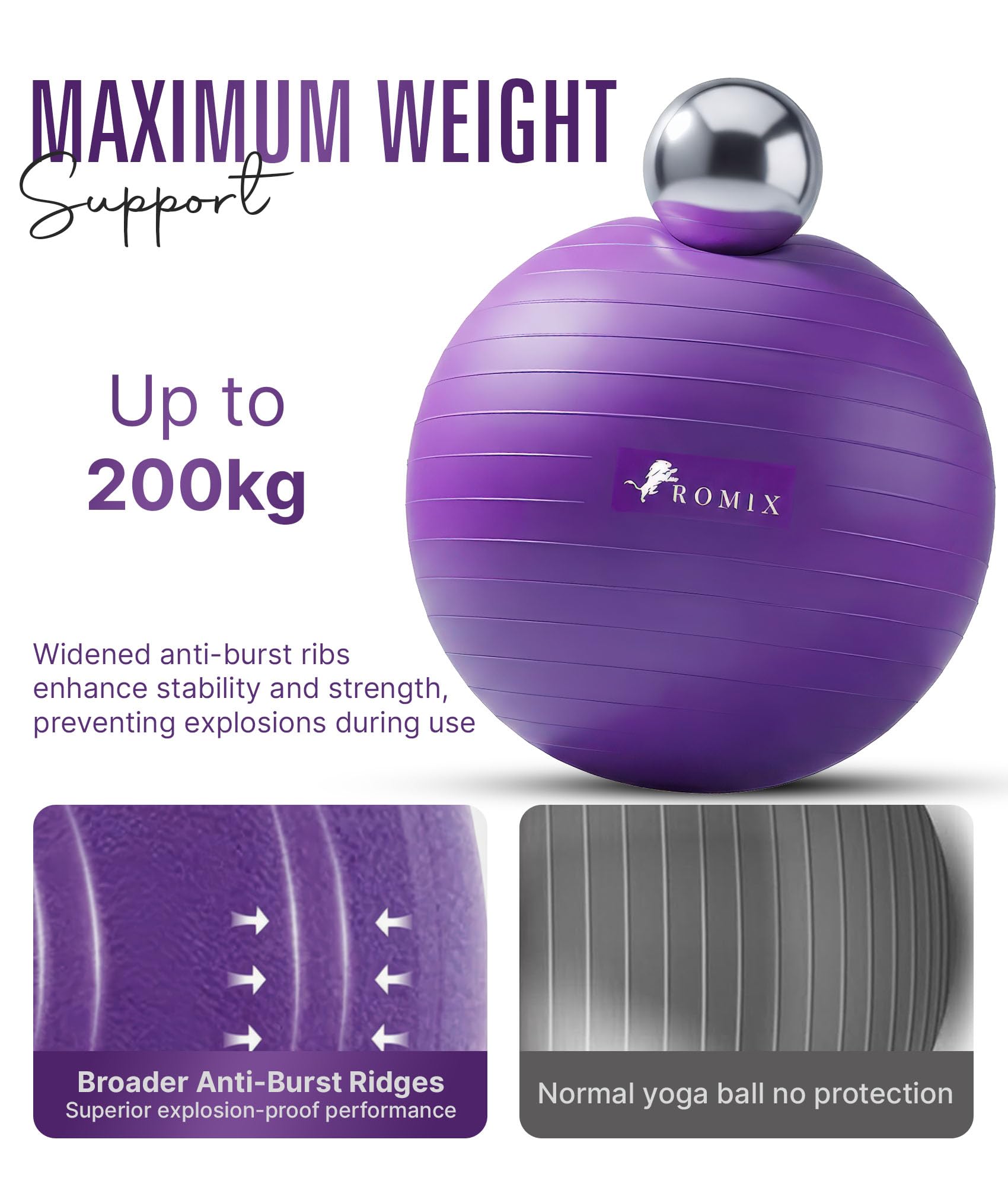 ROMIX Ballon Fitness, 65cm Grande Anti Éclatement Balle Gymnastique avec Pompe Rapide, Anti Dérapant Epais Ball d’Exercices pour Grossesse Yoga Pilates Équilibre Stabilité Gym Bureau Sport