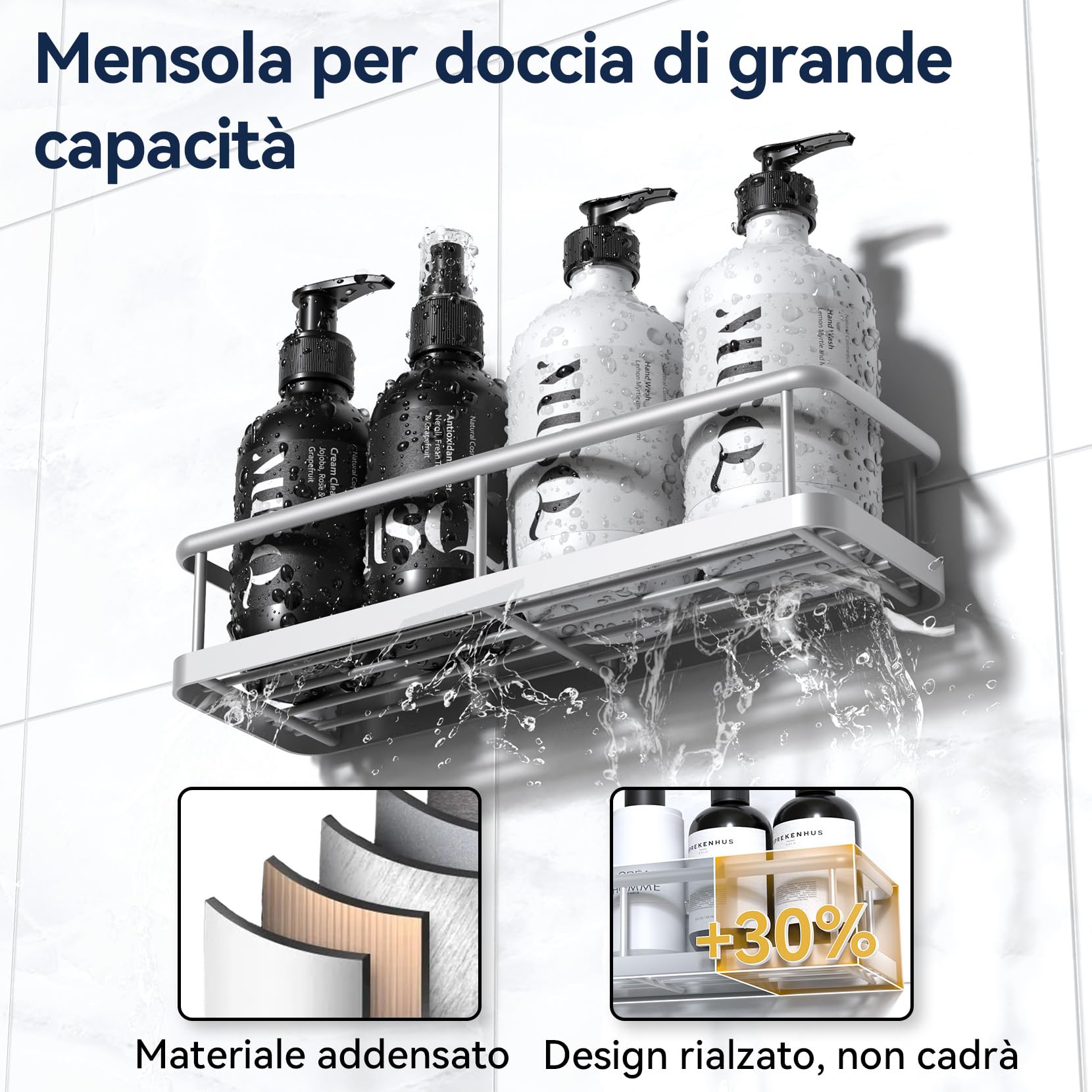 YASONIC 3 Pezzi Mensola doccia senza foratura, portaoggetti doccia con 4 ganci removibili, Organizer bagno con Portasapone doccia, Autoadesivo Mensole Bagno Organizzatore, Argento