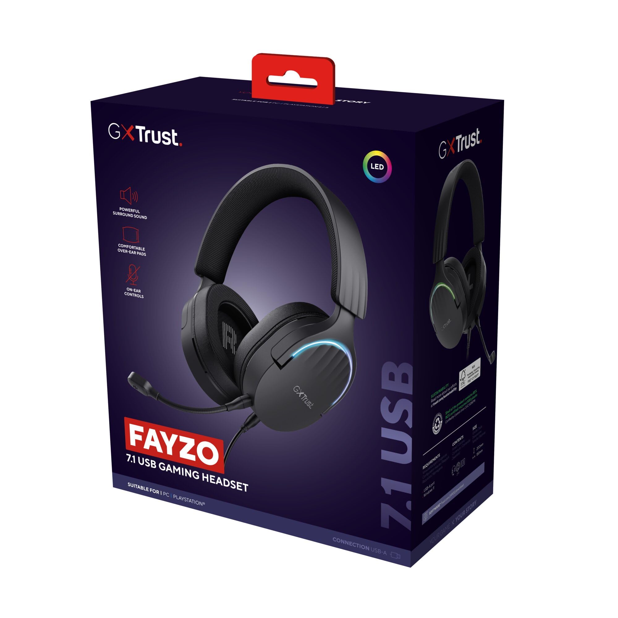 Trust Gaming GXT 490 Fayzo Casque Gaming USB Son Surround 7.1, Pilotes 50mm, Éclairage RGB, 85% Plastiques Recyclés, Casque Gamer Filaire Over-Ear pour PC PS5, Microphone Antibruit - Noir
