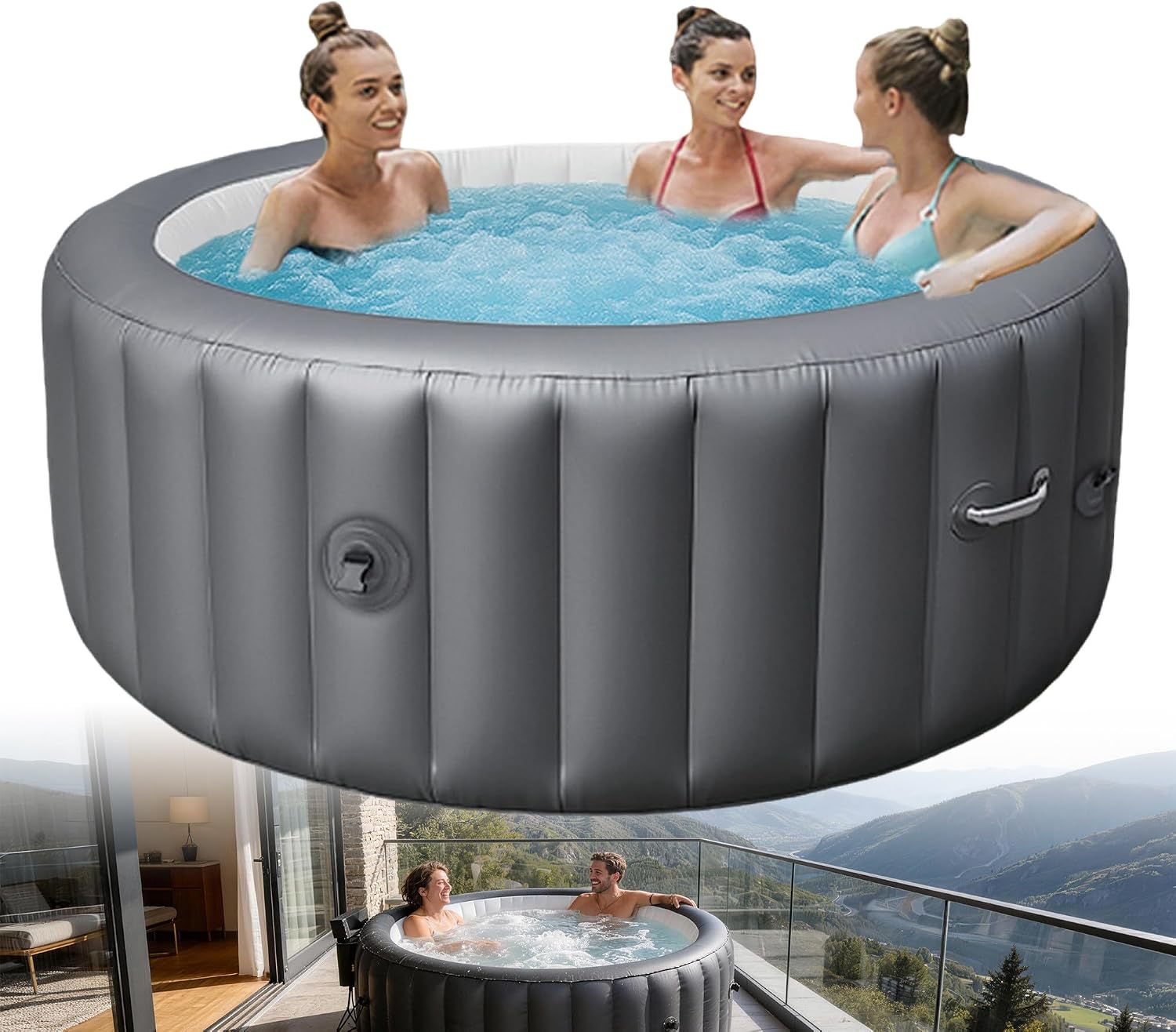 Round Inflatable hot tub, Max. Temp. 40°C/104°F, Airflow 130 airjets, 2-3 Persons, Inflatable hot tub for Winter, for Patio, Garden, and Outdoor Areas 2-3people-220V