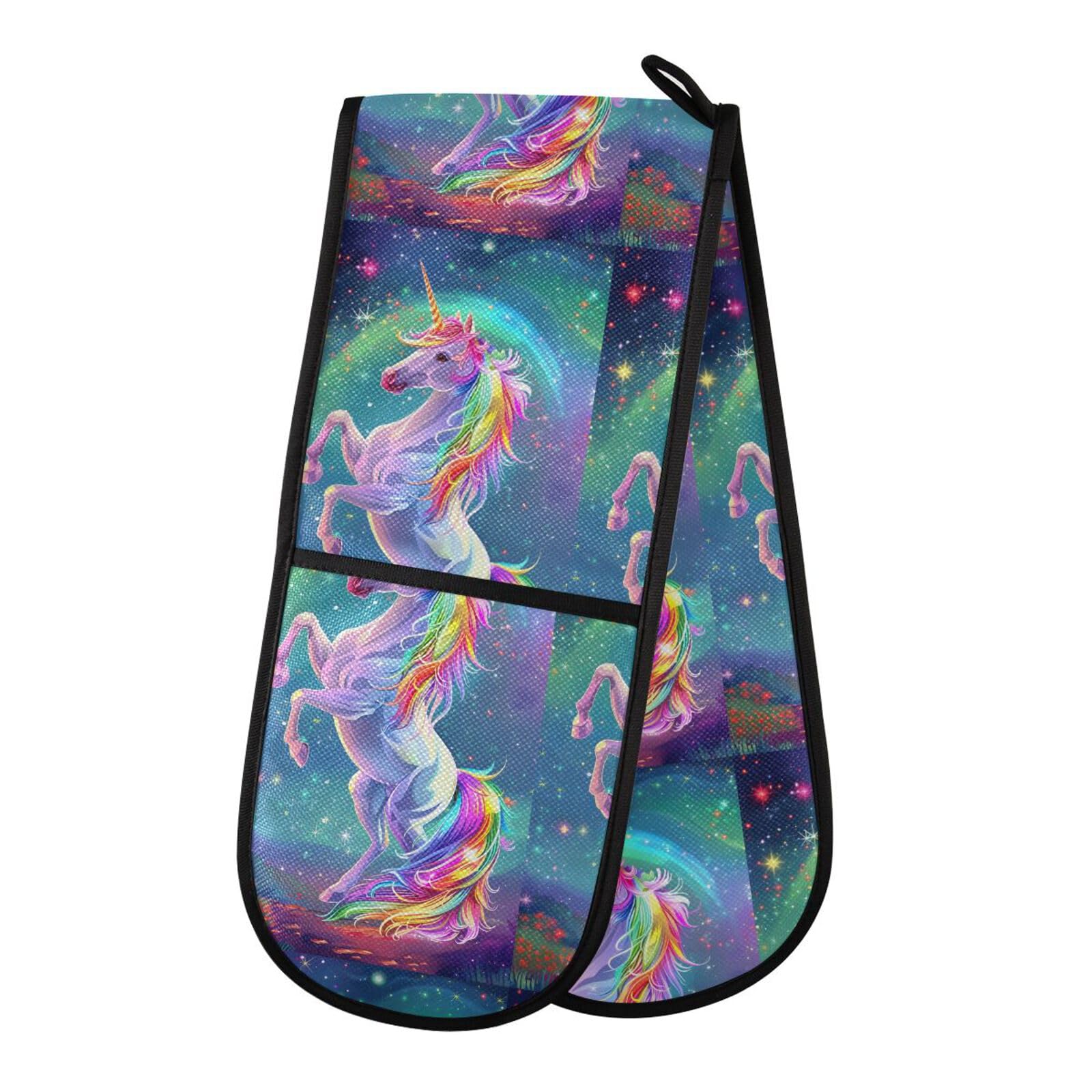Double Oven Gloves Rainbow Unicorn Heat Resistant Pot Holder Oven Mitt Gloves for BBQ Cooking Baking Grilling Microwave