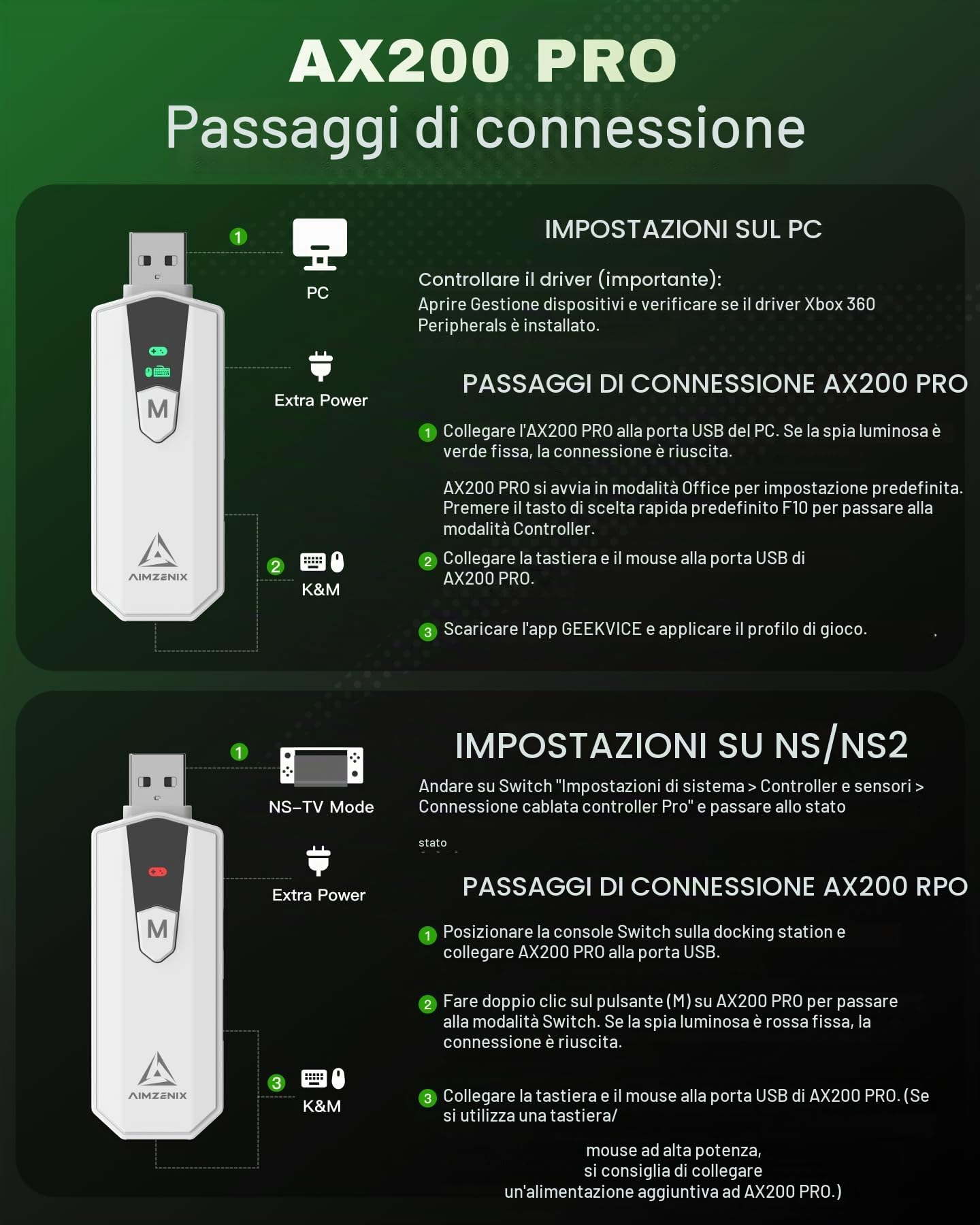 AIMZENIX AX200 PRO - Adattatore per tastiera e mouse per PC e Nintendo Switch | Convertitore ad alte prestazioni per giocare a FPS, COD, APEX, LE FINALI