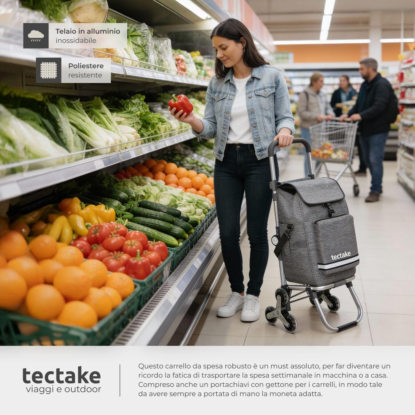 tectake® Carrello Spesa Shopper 3 in 1, Trolley Pieghevole con Borsa Termica per Surgelati, Carrello con Ruote Portatutto, Carrellino Spesa Con Ruote a Stella, Capacità max 30 kg / 56 L - Grigio