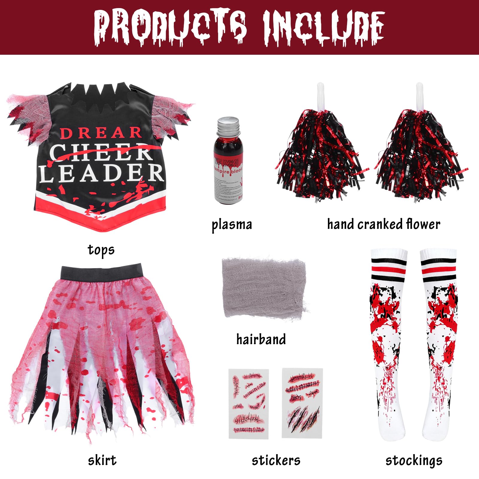 SERTAS Girl Scary Bloody Cheerleader Costume,Zombie CostumeKids,Girls Halloween Costume,Zombie Cheerleader Costumefor Halloween Dress Up Parties,Scary HalloweenCostume (White - Image 3