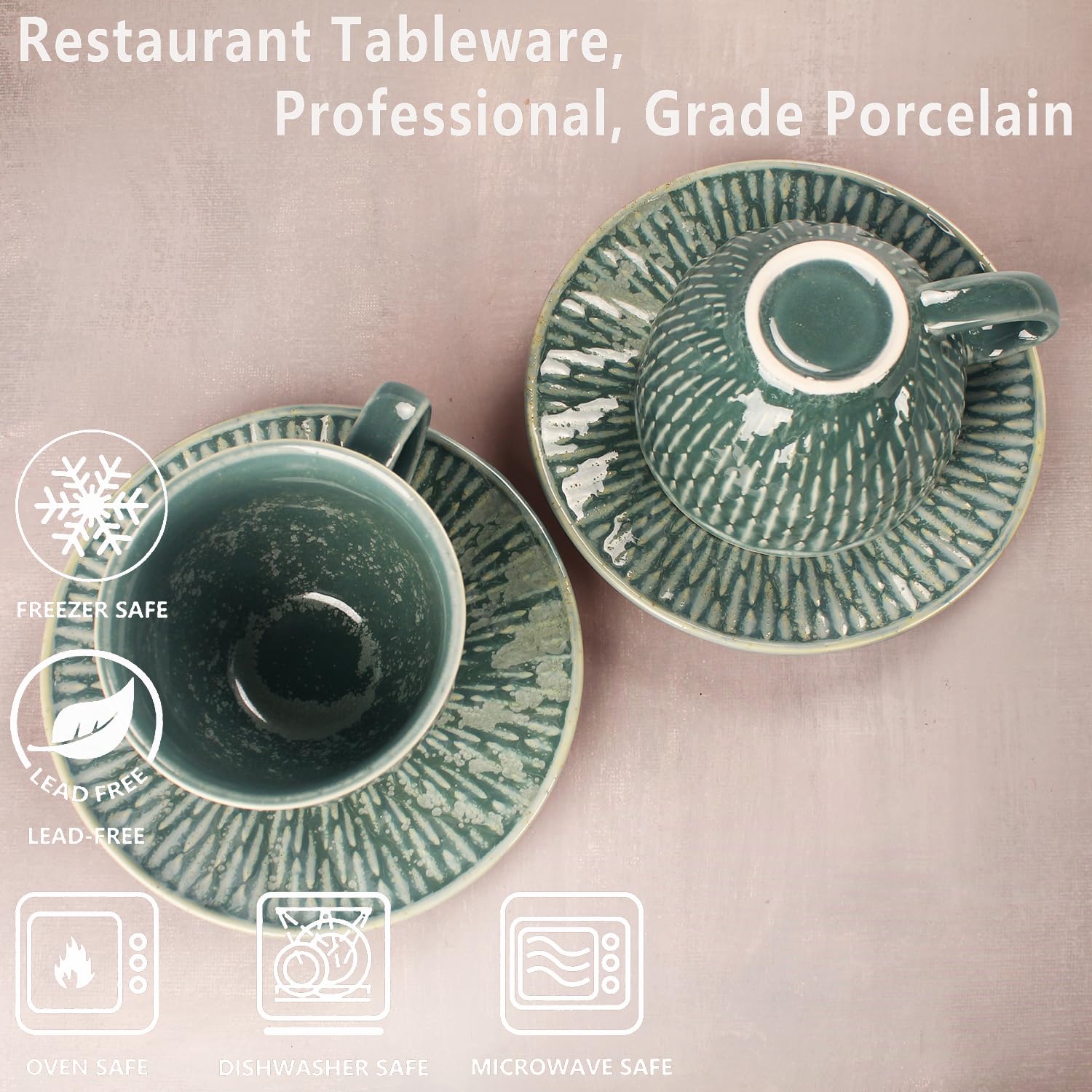 Set di tazze da caffè in ceramica con piattino, 8 pezzi, impilabili, per latte, tè caldo, cappuccino, moka, cacao, lavastoviglie e microonde, verde scuro