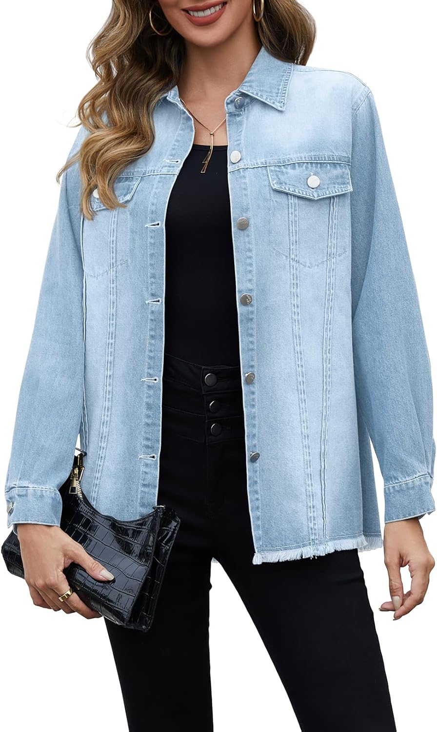 Women's Denim Jacket Long Sleeve Button Down Jean Jackets Frayed Hem Western Shirts with Pockets