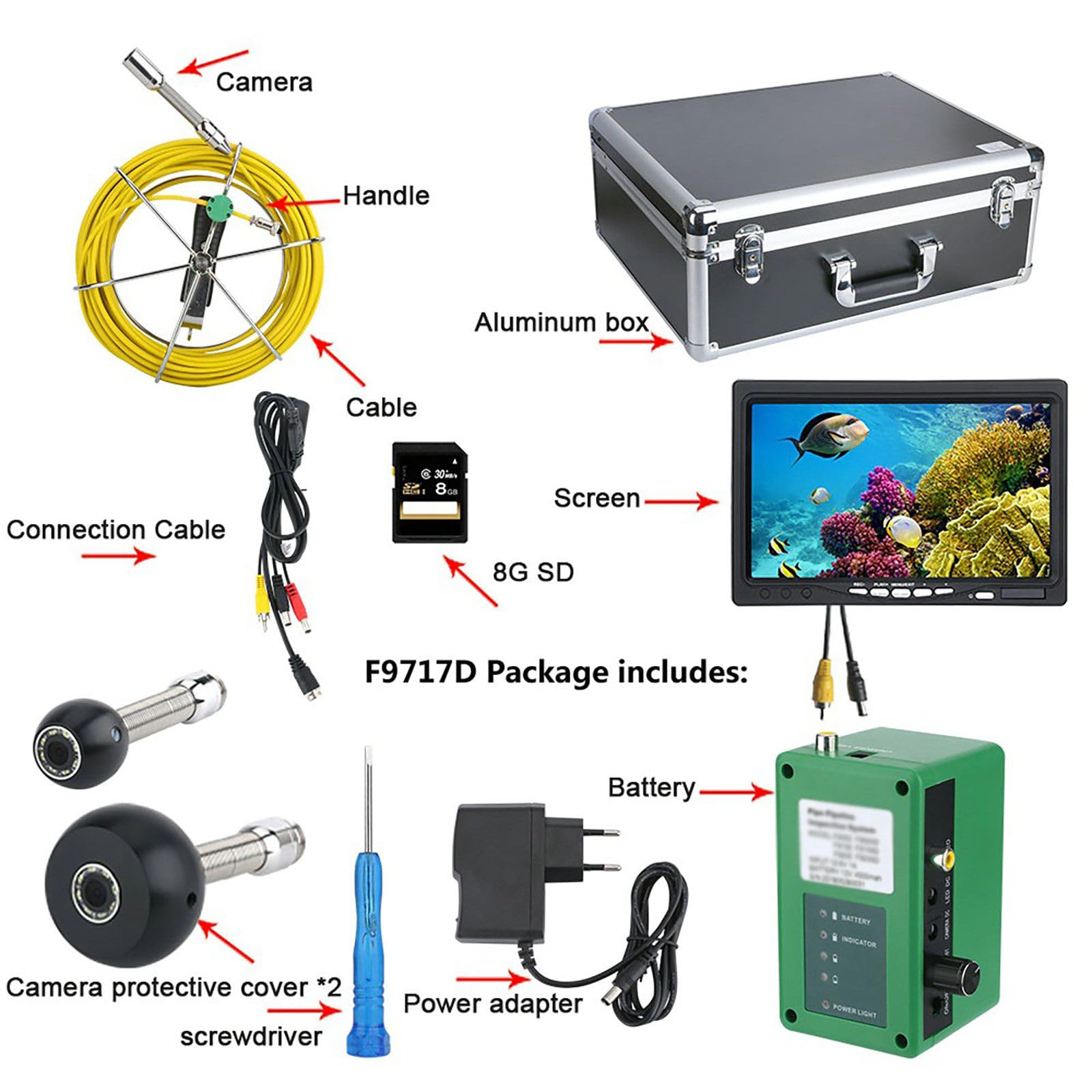 Endoscopio impermeable de visión nocturna 1000TVL con monitor TFT de 7 pulgadas para inspección de alcantarillado, grabación DVR y funda de transporte, cable de 50 m