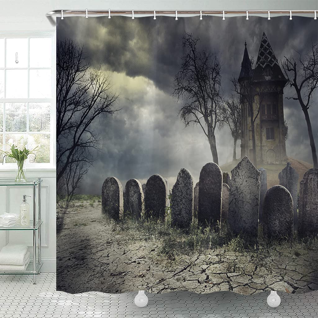 LB Halloween-Duschvorhang Mit Schwarzer Katze & Friedhof – Spinnennetz-Design, Wasserdicht, 183 X 183 Cm, Inkl. 12 Haken