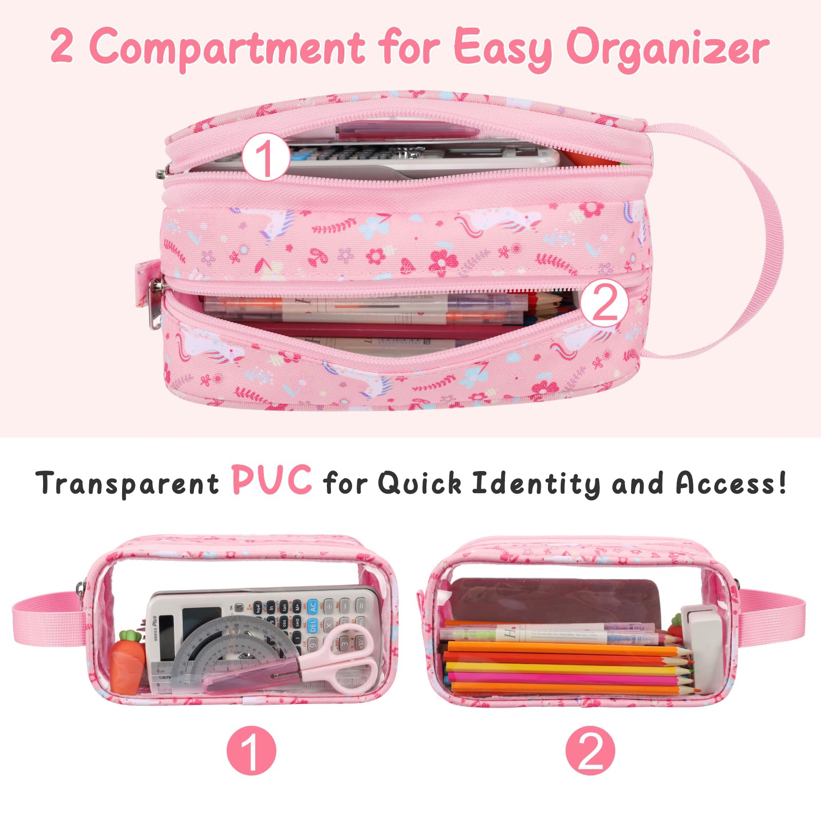 Bagseri Trousse à crayons transparente pour filles – Jolie trousse à crayons pour filles avec poignée – Grande trousse à crayons transparente à fermeture éclair (licorne rose)