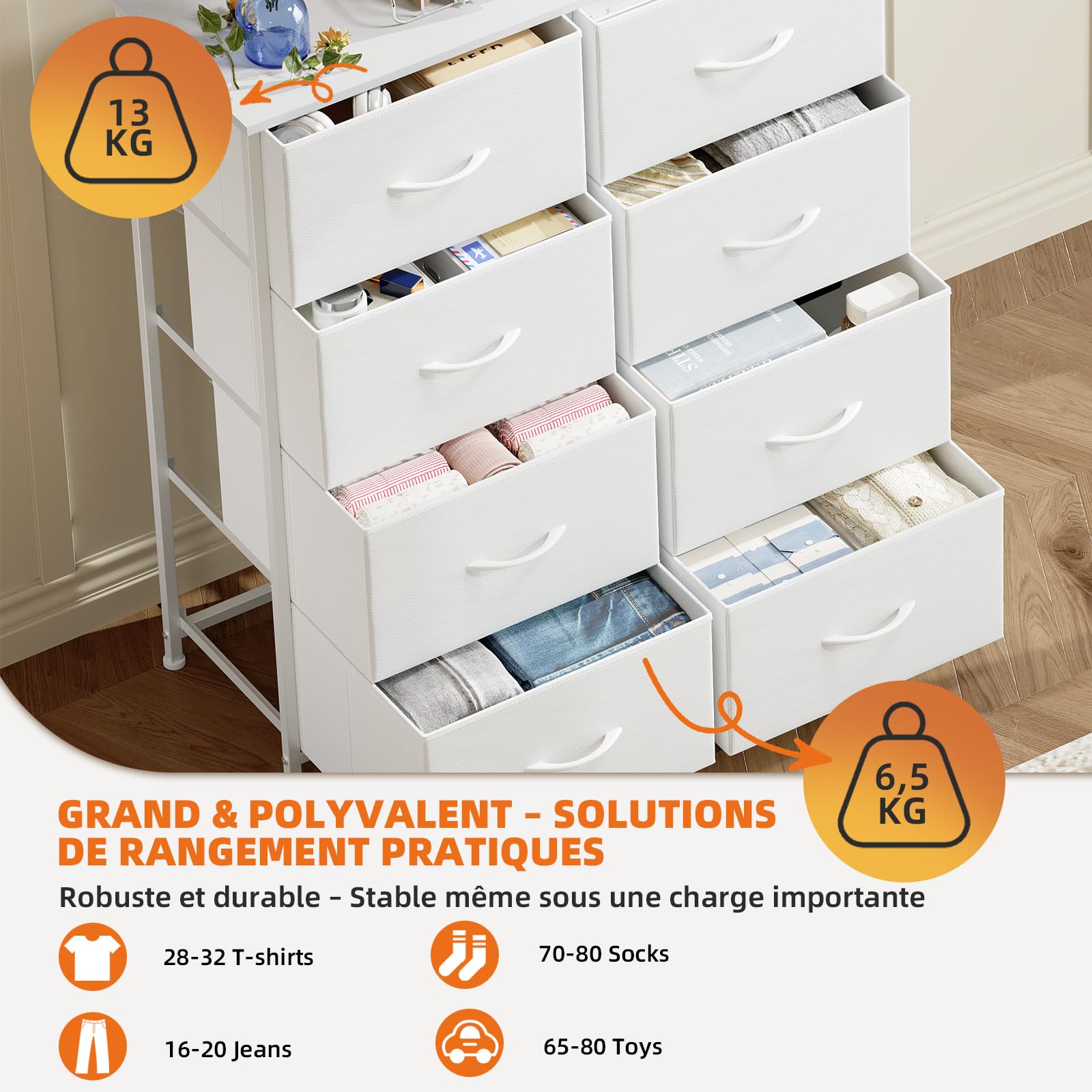 Somdot Commode Chambre, Meuble en Tissu avec Cadre en Acier, Tour de Rangement pour Adult Salon Couloir Entrée, 30P x 80L x 93H (8 Tiroirs), Blanc
