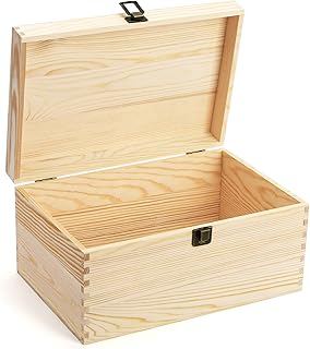 yarlung Unfinished Wooden Box with Hinged Lid, 12 x 8 x 6 Inch Large Memory Box for Crafts, Unpainted DIY Gifts Box for Jewelry Storage, Treasure Chest, Art Hobbies, Front Clasp
