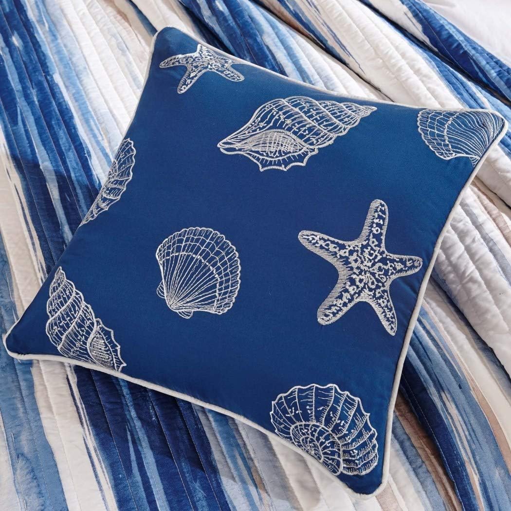 F&W 6 Piece Trendy Blue Tan White King/Cal King Coverlet Set, Striped Themed Bedding Contemporary Nautical Coastal Watercolor Navy Aqua Ocean Seashells Beautiful Seaside Beach Water Nature, Polyester