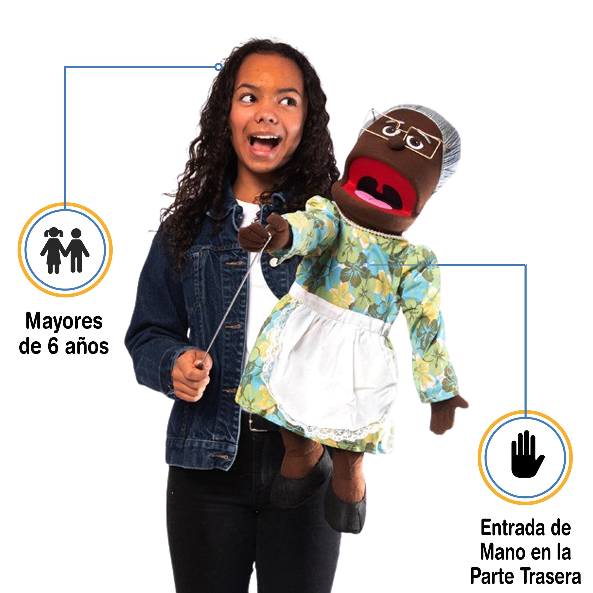 Abuelita, Abuela negra, cuerpo completo, Marioneta estilo ventrílocuo, 65cm