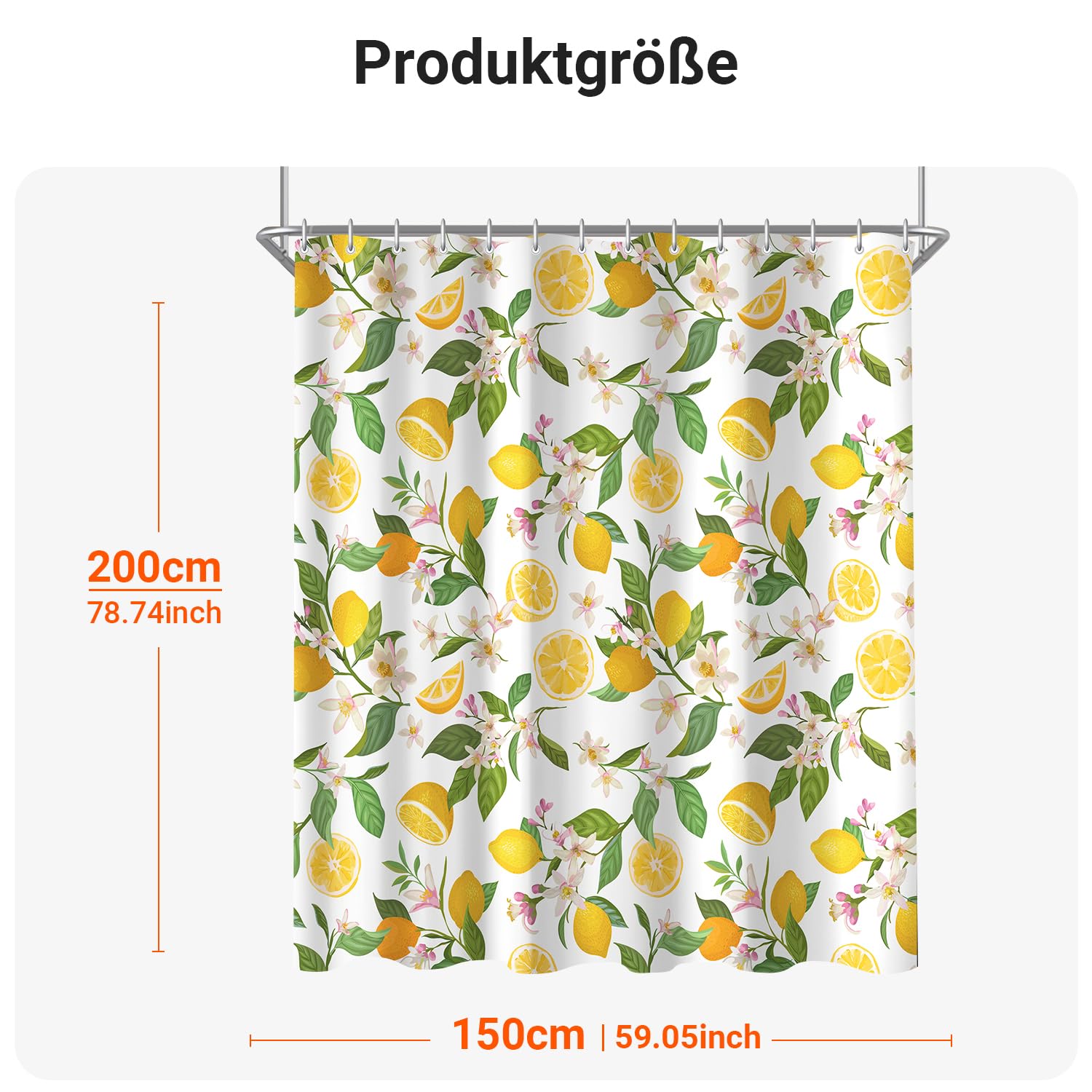 Lerores Shower Curtain, 150 x 200 cm, Lemon Leaves, Weighted Hem, Anti-Mould, Water-Repellent, Washable Polyester Bath Curtains with 8 Eyelets and Shower Curtain Rings for Bathroom, Bathtub - Image 2