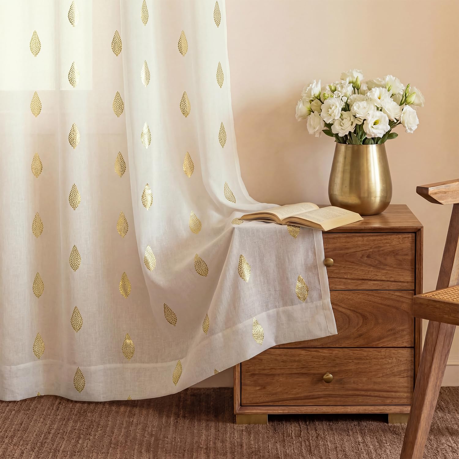 Urban Space Gold Foil Sheer with Texture, Curtains for Window, 35-40% Room Darkning, Set of 2 Decorative Curtains with Tieback and Eyelets (Vanya Buttercream, Window- 5 Feet)-image-47