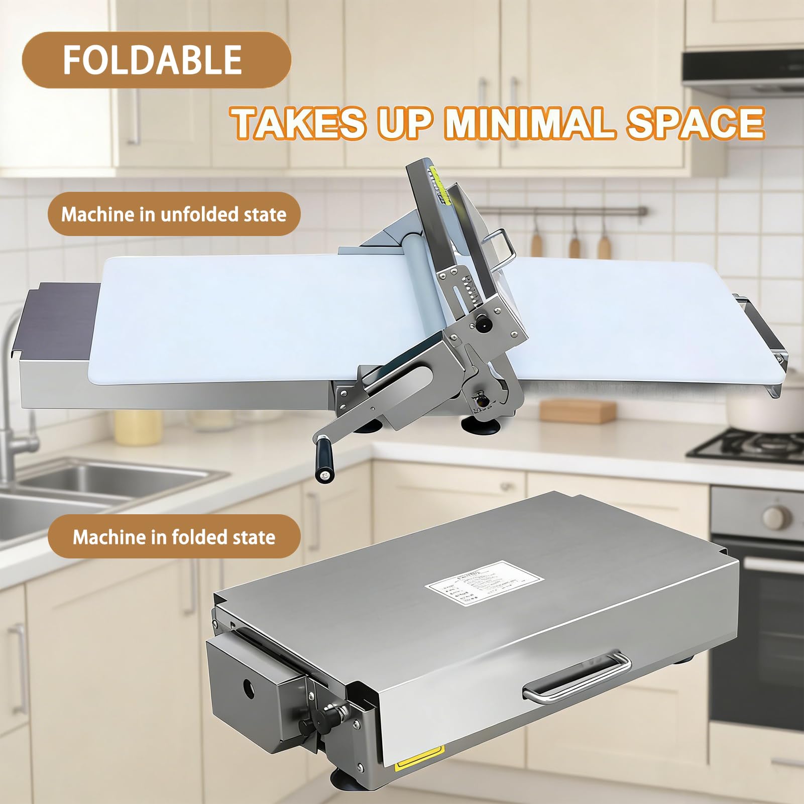 Klappbare Teigausrollmaschine Manueller Teigwalzer mit Einstellbarer Dicke 0-25 mm, Edelstahl, für Pizzateig, Blätterteig, Croissants - für Private und gewerbliche Bäckereien