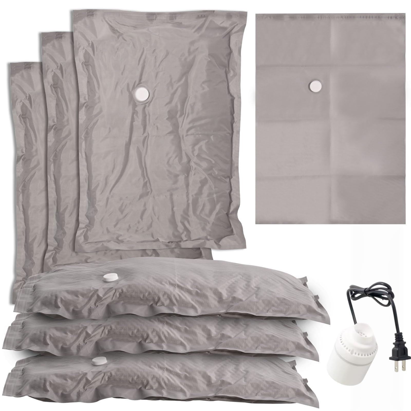 6-Pack Vacuum Seal Bags for Clothing Home – Fabric Storage Bags with Electric Pump | 2 Medium, 2 Large, 2 Jumbo | Reusable Packing for Wardrobe, Carry-On Luggage & Home Organization (Grey-2M&2L&2J)
