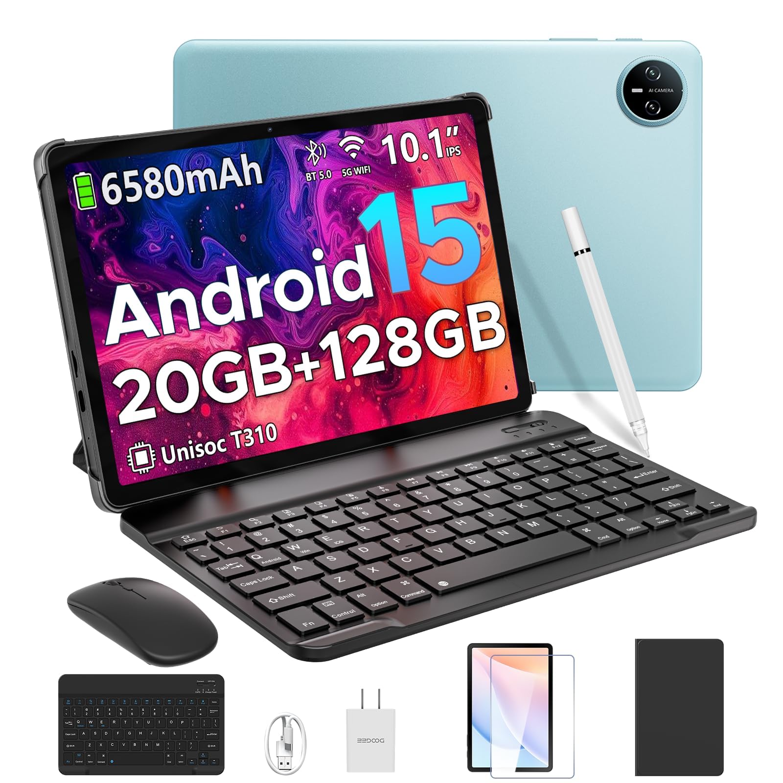 DOOGEE Tab A9 Pro Tablet Android 15, 20GB + 128GB/2TB Tablet con Tastiera, 6580mAh Tablets con Penna, Unisoc T310 Tablets 10 Pollici, Dual Speaker, GMS, Face ID, 3.5 mm Headphone Jack - Mouse/Case