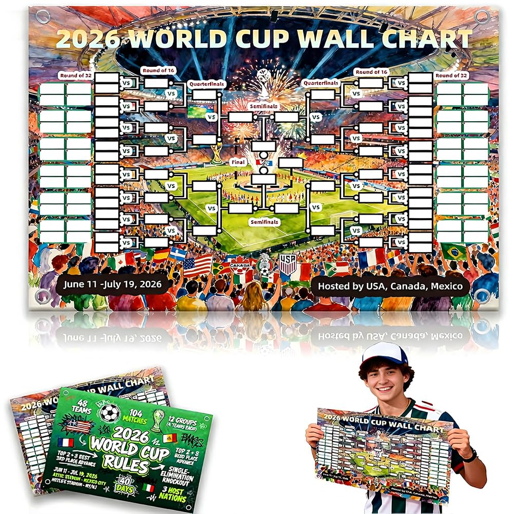 Mopqmkt Black World Cup Football 2026 Wallchart, 48-Team Tournament Fixtures Poster, 2026 Football Tournament Schedule And Team Info Chart Poster, 90X60cm World Cup Fixtures, Great Gifts For Soccer Fans