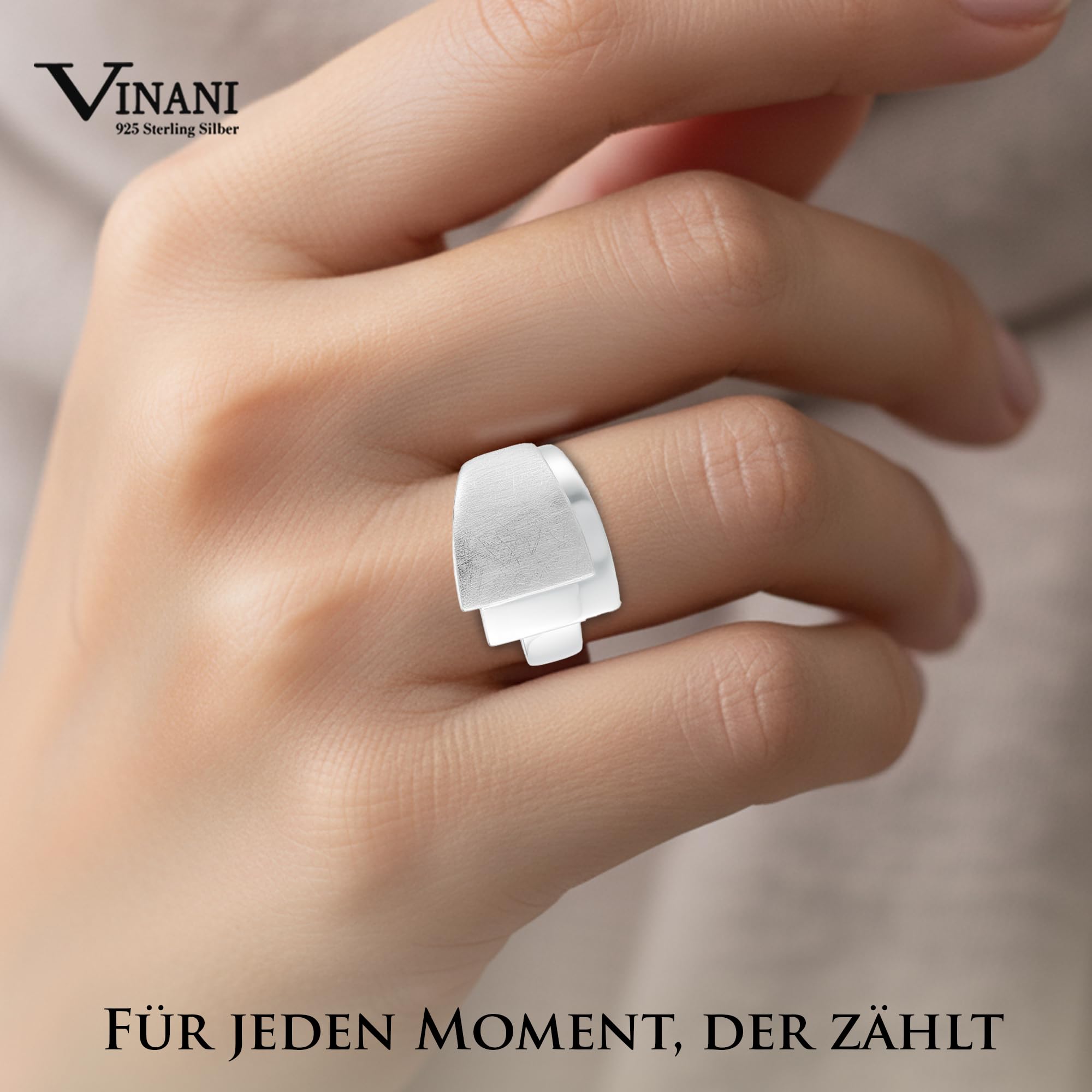 Vinani Damenring, 925 Sterling Silber – Schichten-Design mit 3 Ebenen, gebürstet und poliert, breites massives Band, handgefertigter zeitloser Schmuck für Damen