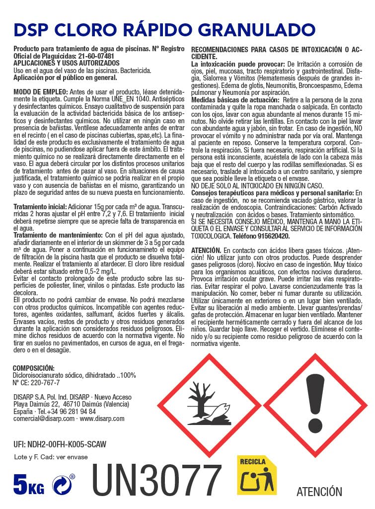 DSP Cloro Rápido Granulado 5KG | Cloro Choque | Recupera el Agua Verde y Turbia en Horas | Disolución Rápida para Piscinas