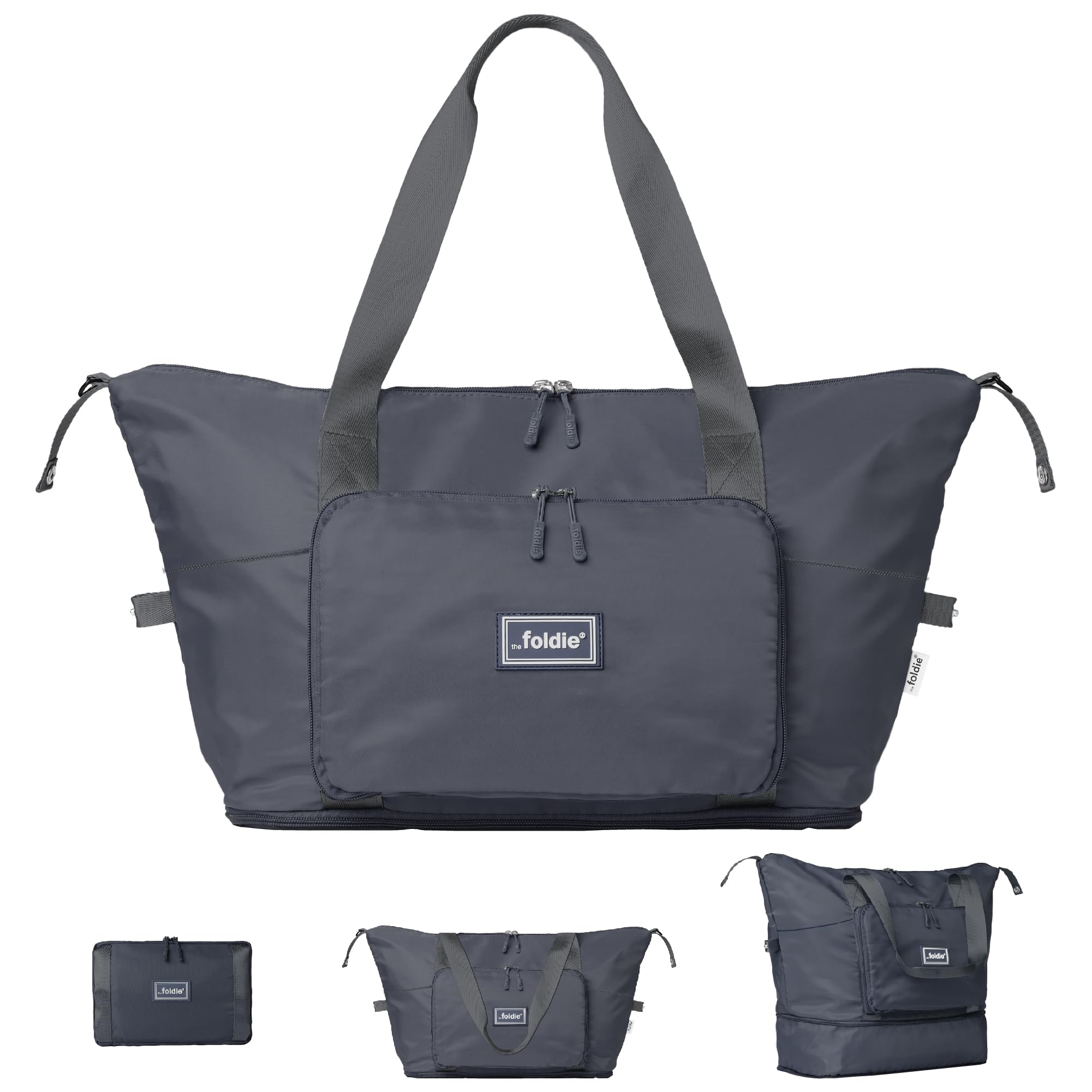 The Foldie® Foldable Travel Bag for Women [LARGE CAPACITY] - Packable & Expandable Tote Bag with Zipper - Grey