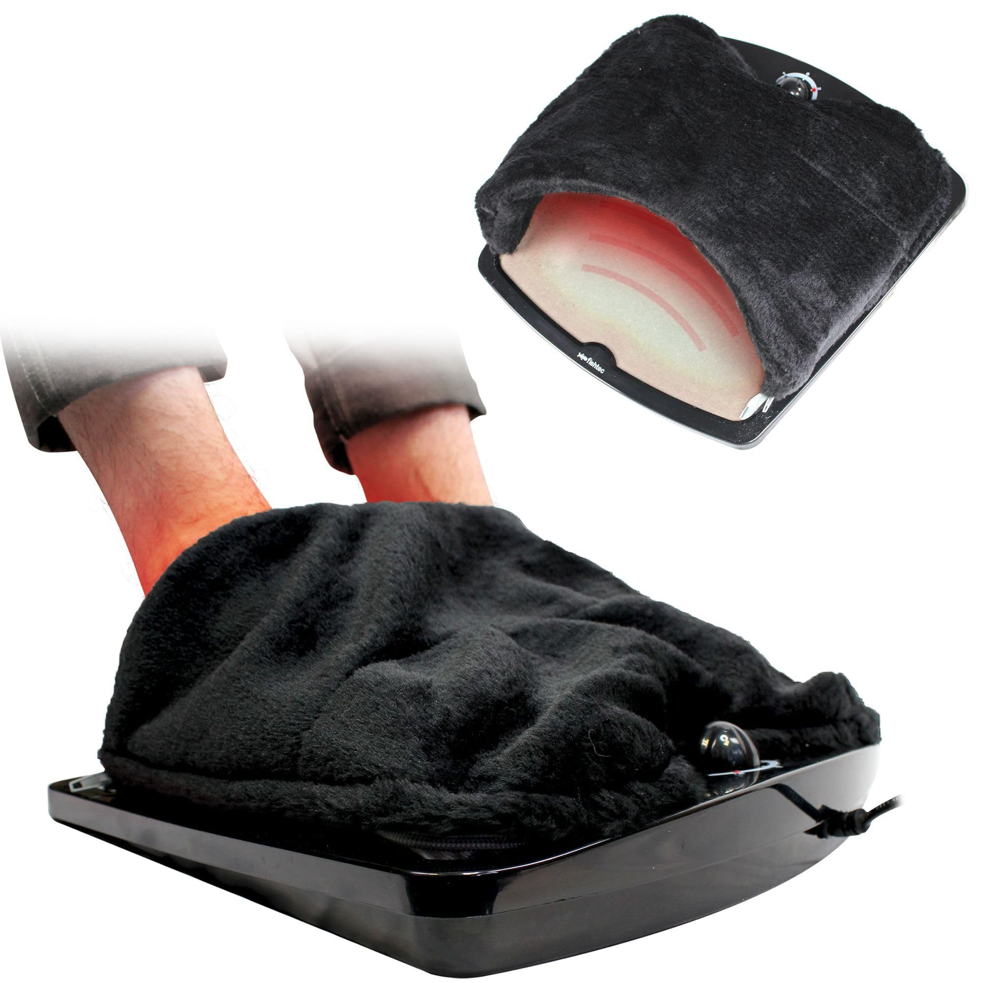 FISHTEC Chauffe Pieds Chauffant Électrique - Chancelière avec Thermostat, 2 Niveaux de Température Maintien vos au Chaud en mn Housse Lavable machine Noir