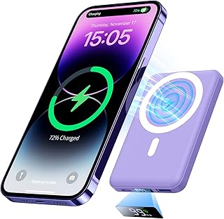 Yiisonger Wireless Power Bank, Slim 10000mAh Magnetic Portable Charger 22.5W PD Fast Charging, Mini Mag-Safe Battery Pack QC3.0 LED Display Compatible with iPhone 14/13/12 Pro Max/Mini(Purple)