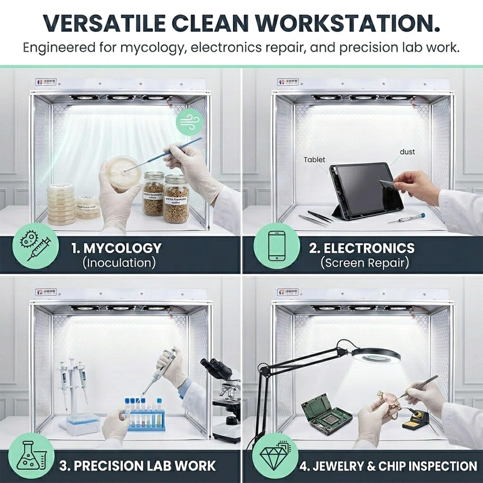 Campana de Flujo Laminar Vertical con Filtro HEPA H14, Banco Limpio de Aluminio 620x310mm, Sistema de 3 Ventiladores para Laboratorio y Reparación de Teléfonos