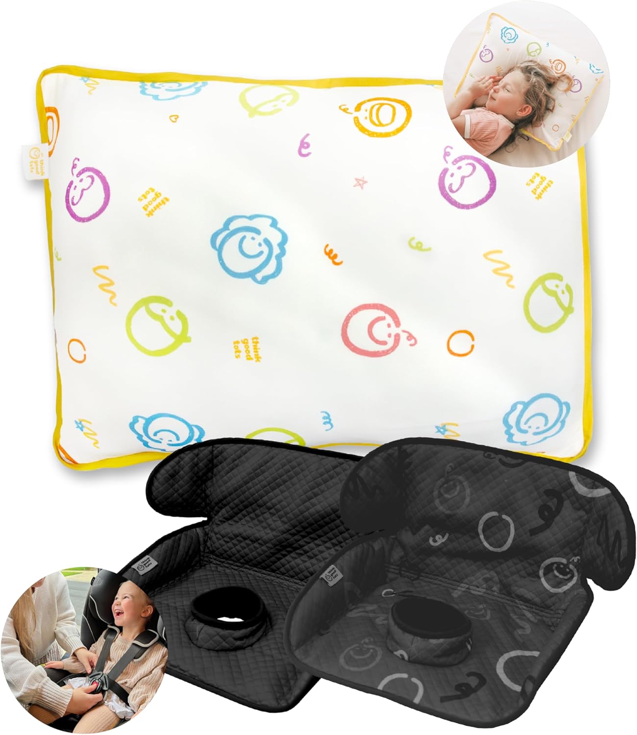 Piddle Pad, 2-Pack in Black with 13x18 Toddler Pillow with Pillowcase Bundle, Waterproof Potty Training Car Seat Protector Set with Toddler Breathable Pillow in TGT Design
