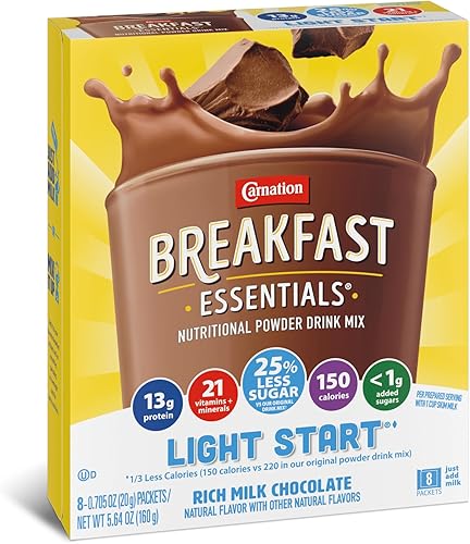 Carnation Breakfast Essentials Light Start - Mezcla de bebidas en polvo chocolate rico con leche 0705 onzas paquete de 64