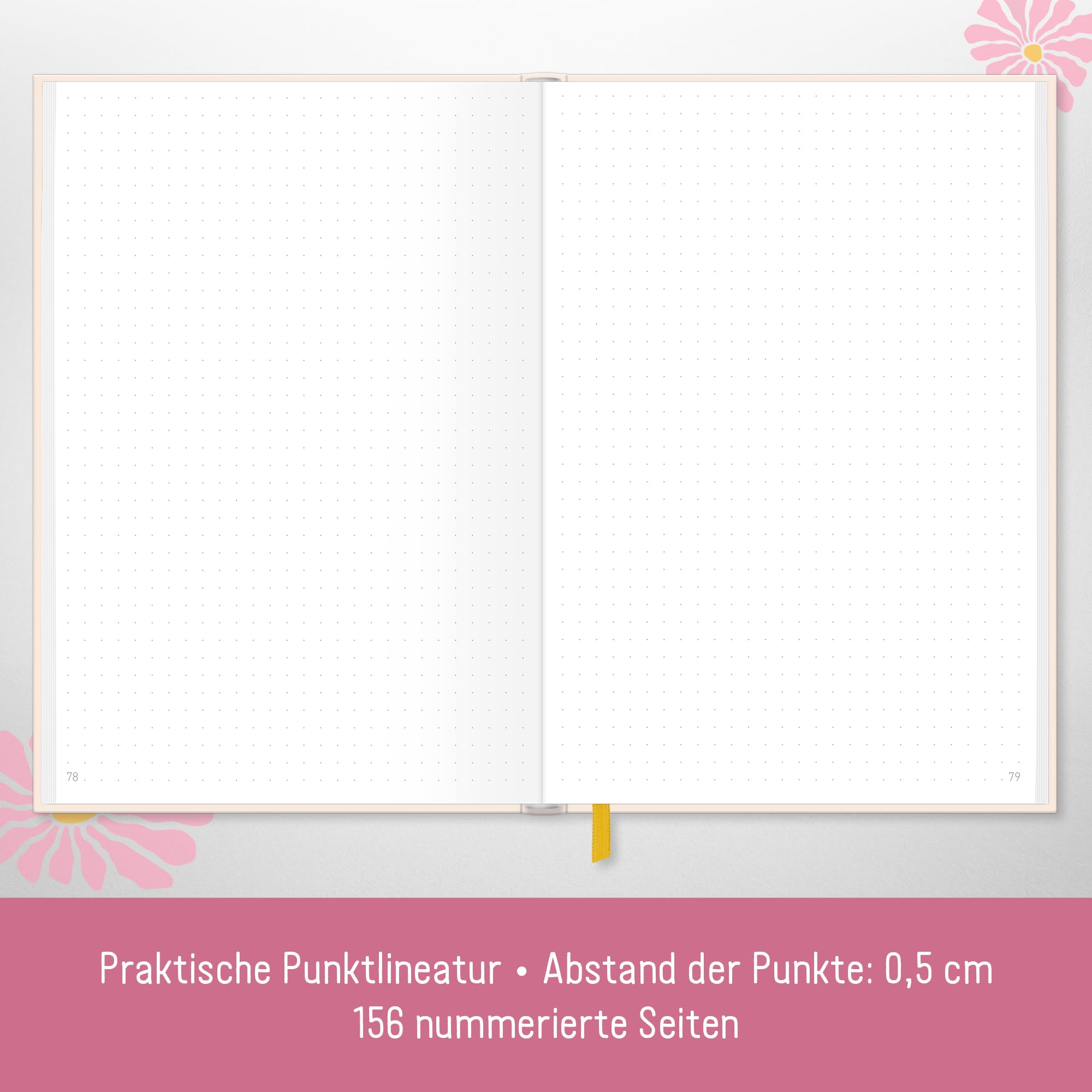 Häfft paper&you® dotted Journal A5 – notes w kropki „Pink Flowers” | 156 ponumerowanych stron w kropki, gumka i zakładka – do prowadzenia pamiętnika, szkiców, list i kreatywnych notatek