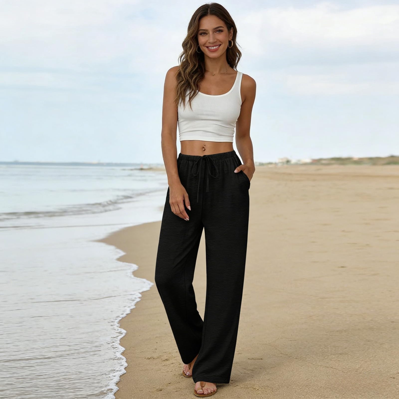 Women Linen Pants Wide Leg Casual Palazzo Trousers Summer Fashion Clothing Business Casual Beach Pants with Pockets - 4