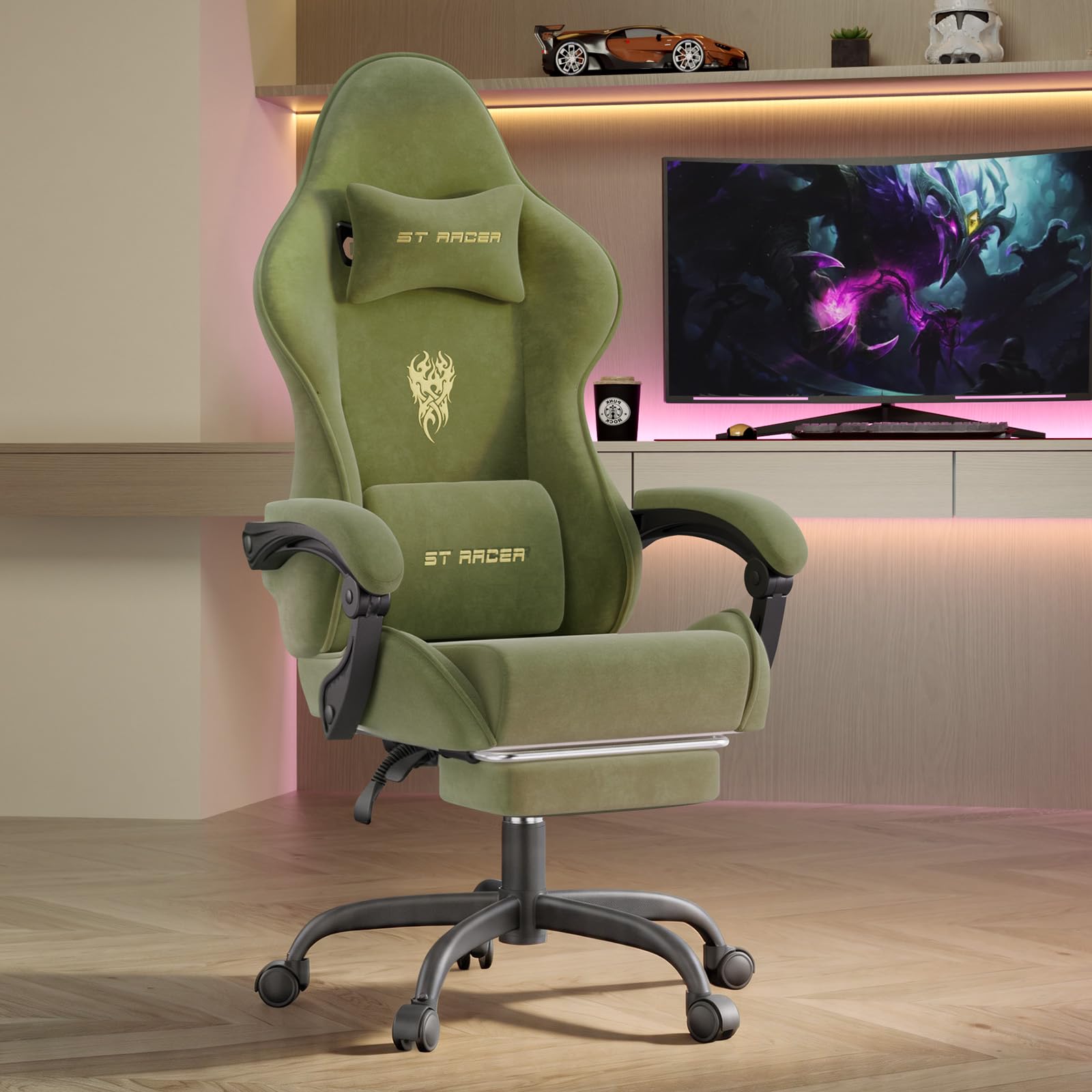 Verdego Gaming Chair with Lumbar Massage and Footrest, Ergonomic Gaming Chair, Velvet Fabric, Reclining 90-125°, Height Adjustable 10 cm, 360° Rotation, Cadeira Gaming Office and Games (Green)