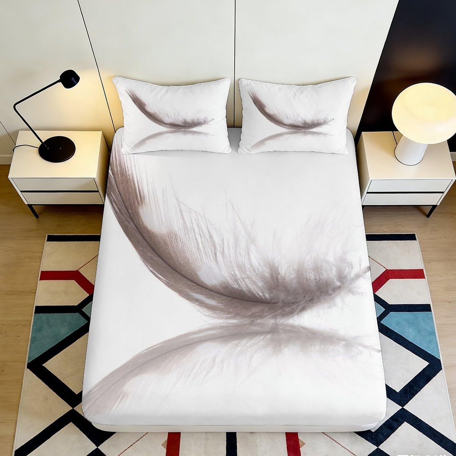 3D Printed Feather Pattern Fitted Sheet Microfiber Deep Pocket Bedding Set Feather Mattress Fitted Cover Elastic Hem Washable for Adults 200x200x25cm