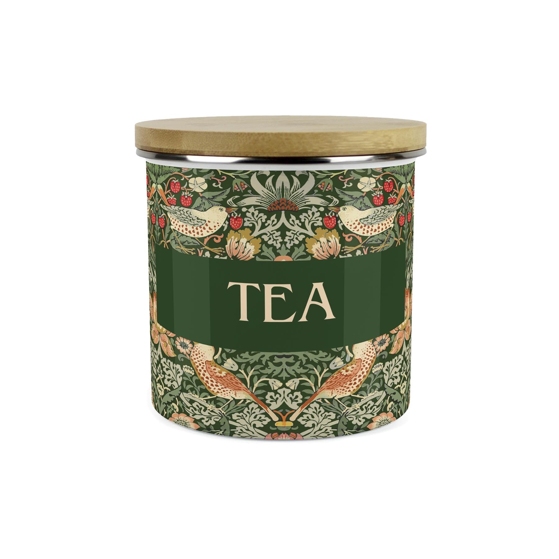 Purely Home Tea Green Strawberry Thief Storage Canister - Morris Inspired Floral Tapestry Artwork - 1.2L Enamel Hot Drinks/Food Kitchen Storage Container