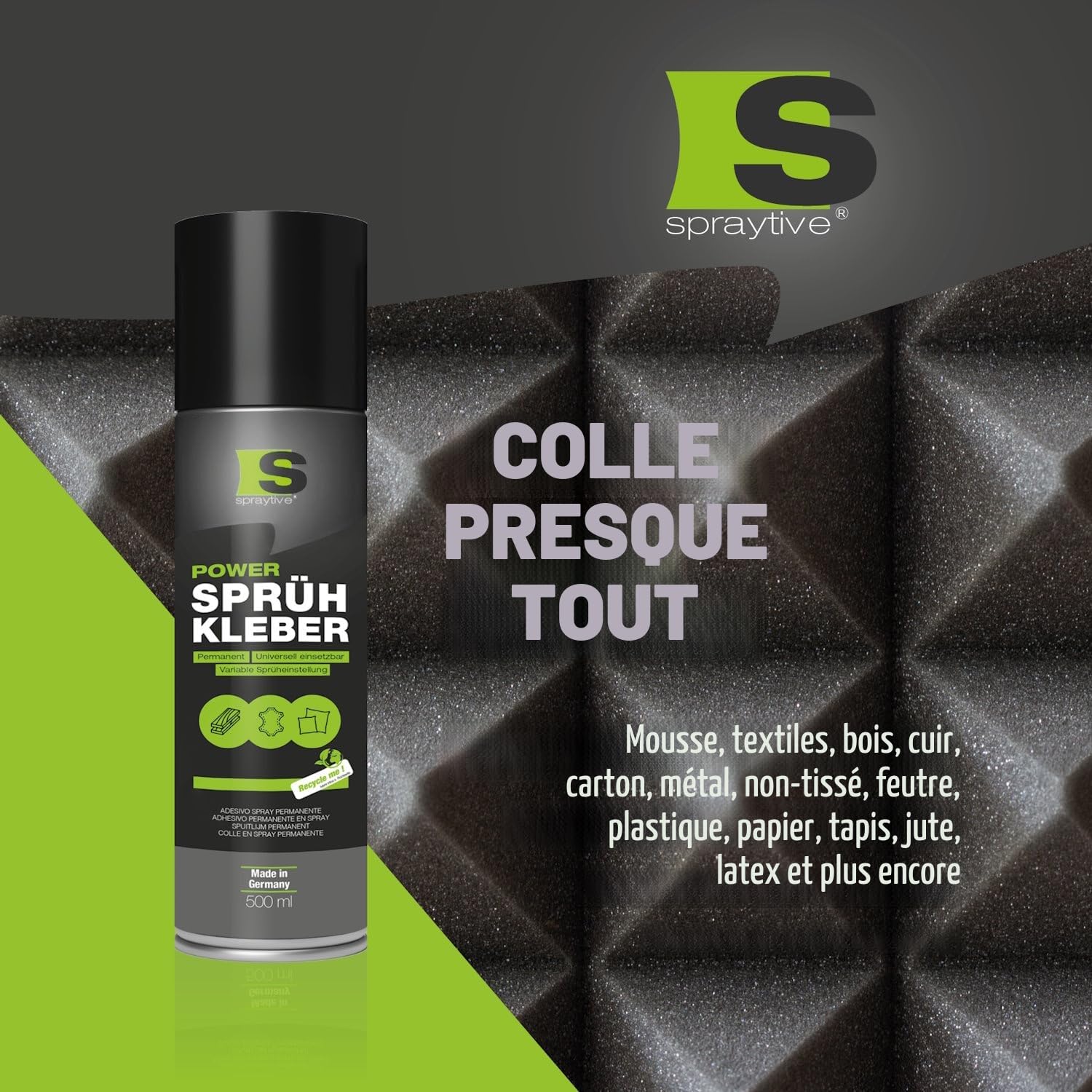 12 x 500 ml de colle en spray : pour textiles, non-tissés, mousse, cuir, ciel de toit, tapis, papier et plus Forte adhérence permanente avec réglage variable