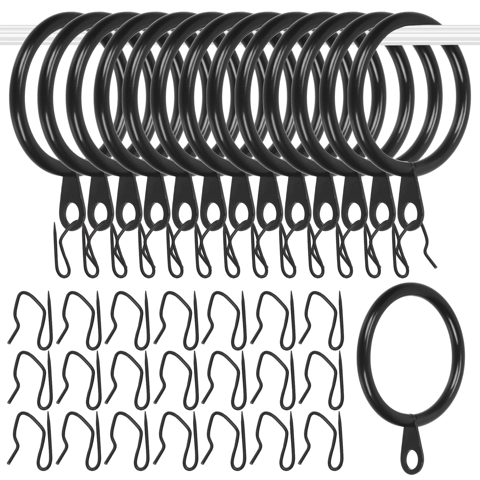 Glarks 30 Sets 42mm/1.7inch Black Metal Drapery Curtain Hanging Rings Set, includes 30pcs Curtain Rings and 30pcs Drapery Pin Hooks, Drape Sliding Eyelet Rings for Sliding Window Bathroom Door — image 1