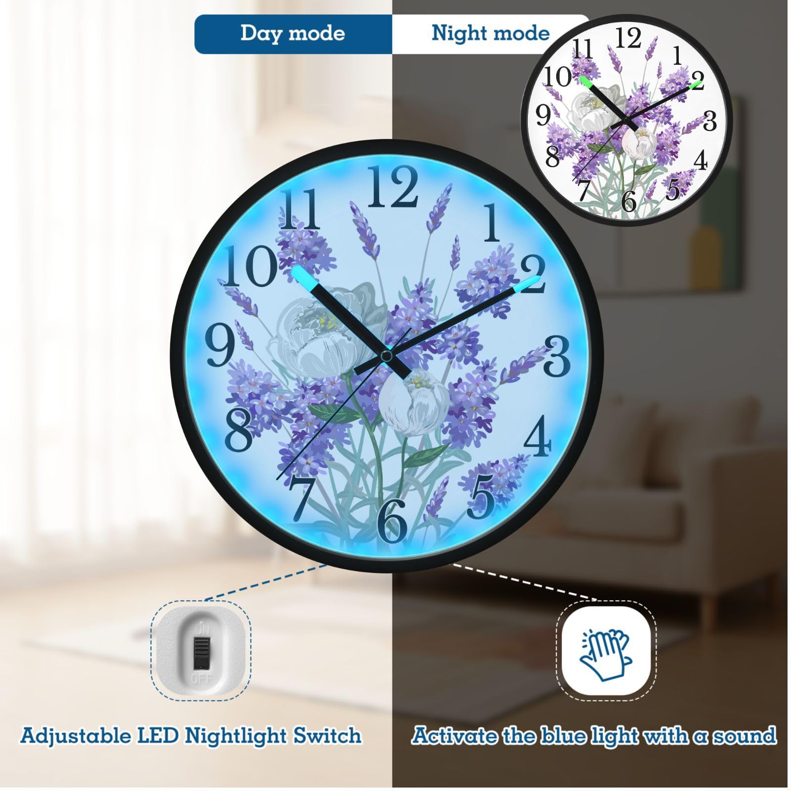 Mnsruu Reloj de pared luminoso, color morado, lavanda, blanco, camelia, reloj de pared que brilla en la oscuridad, funciona con pilas, 12 pulgadas, silencioso, sin tictac, luz nocturna para dormitorio