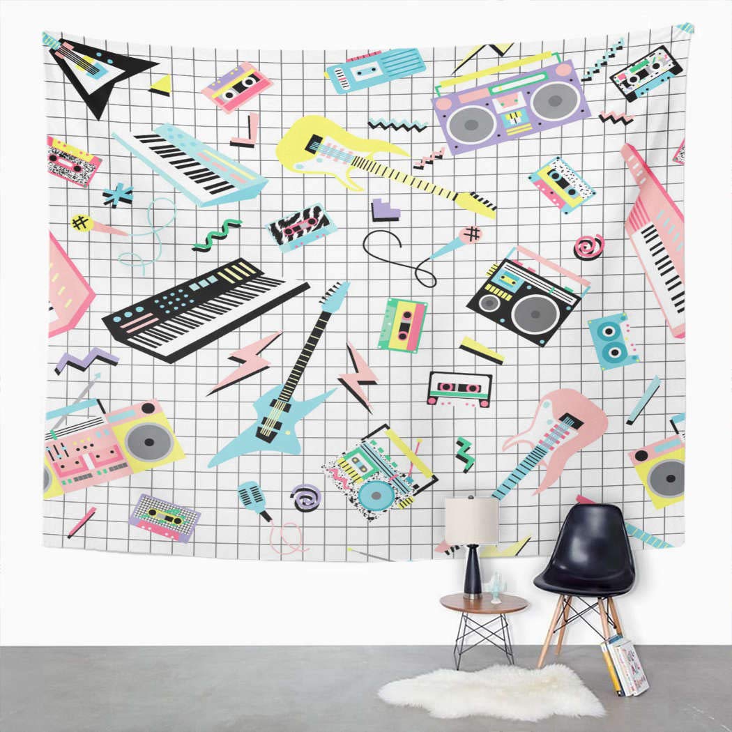 SukllyTapestry Wall Hanging Music Retro 80S 90S Musical Instruments and Cassette Players Home Decor Polyester Living Bedroom Dorm 50 X 60 Inches Picnic Mat Beach Towel Bed Cover