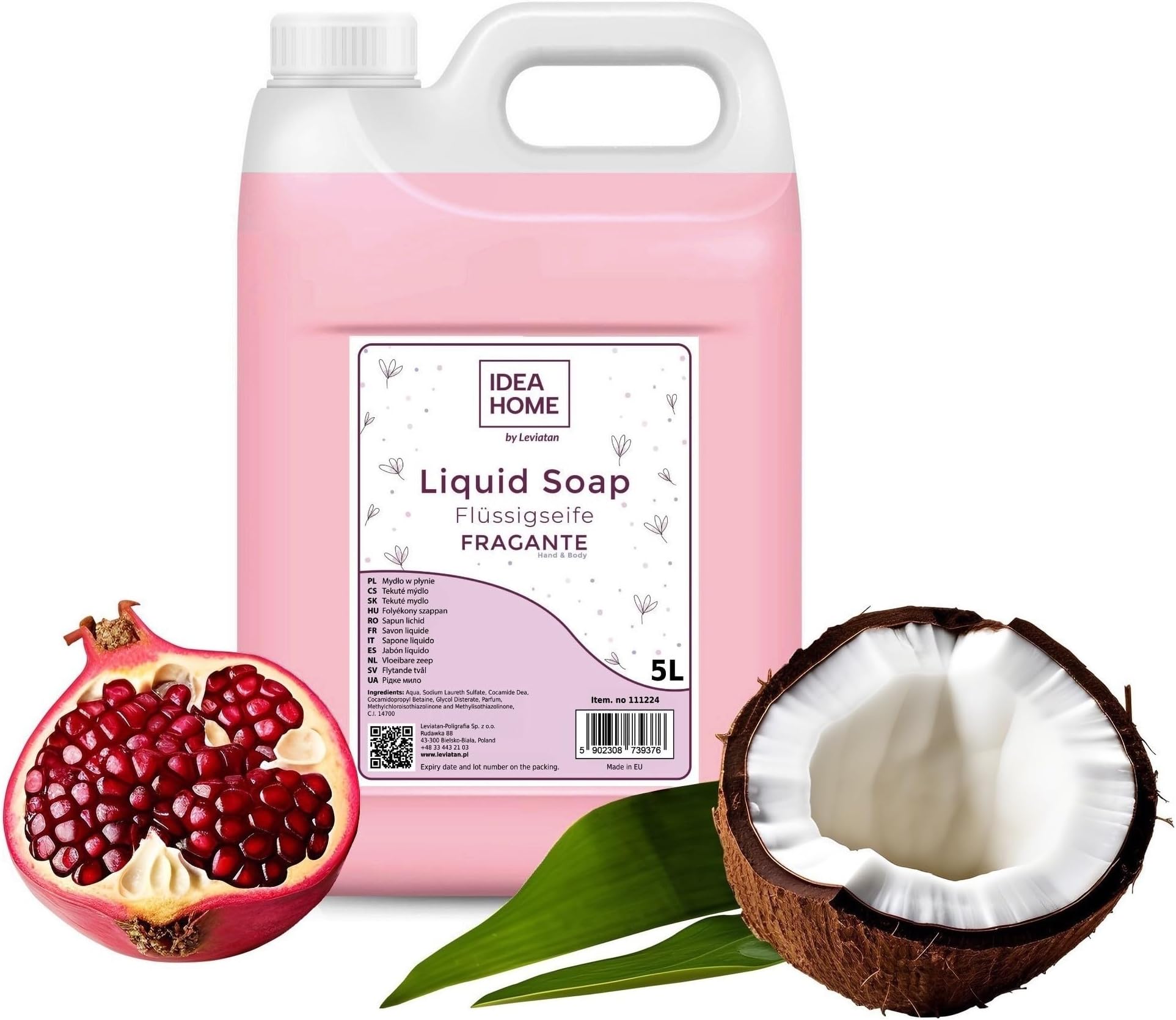 ISOLDA Fragante Hand Soap Liquid 5 L - Soap Canister for All Skin Types - Good Foaming Liquid Soap 5 Litres - Cream Soap - Pomegranate with Coconut Milk