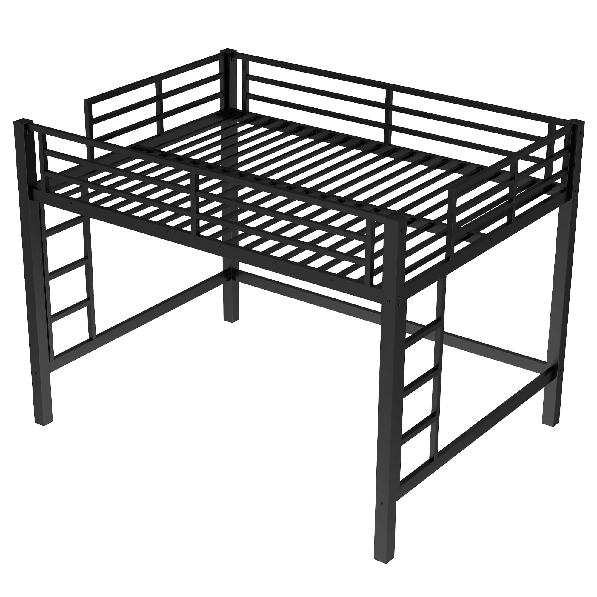 Bellemave Queen Size Loft Bed with 2 Ladder and Guardrails, Metal Loft Bed Frame, for Adults, Kids, Teens, Black