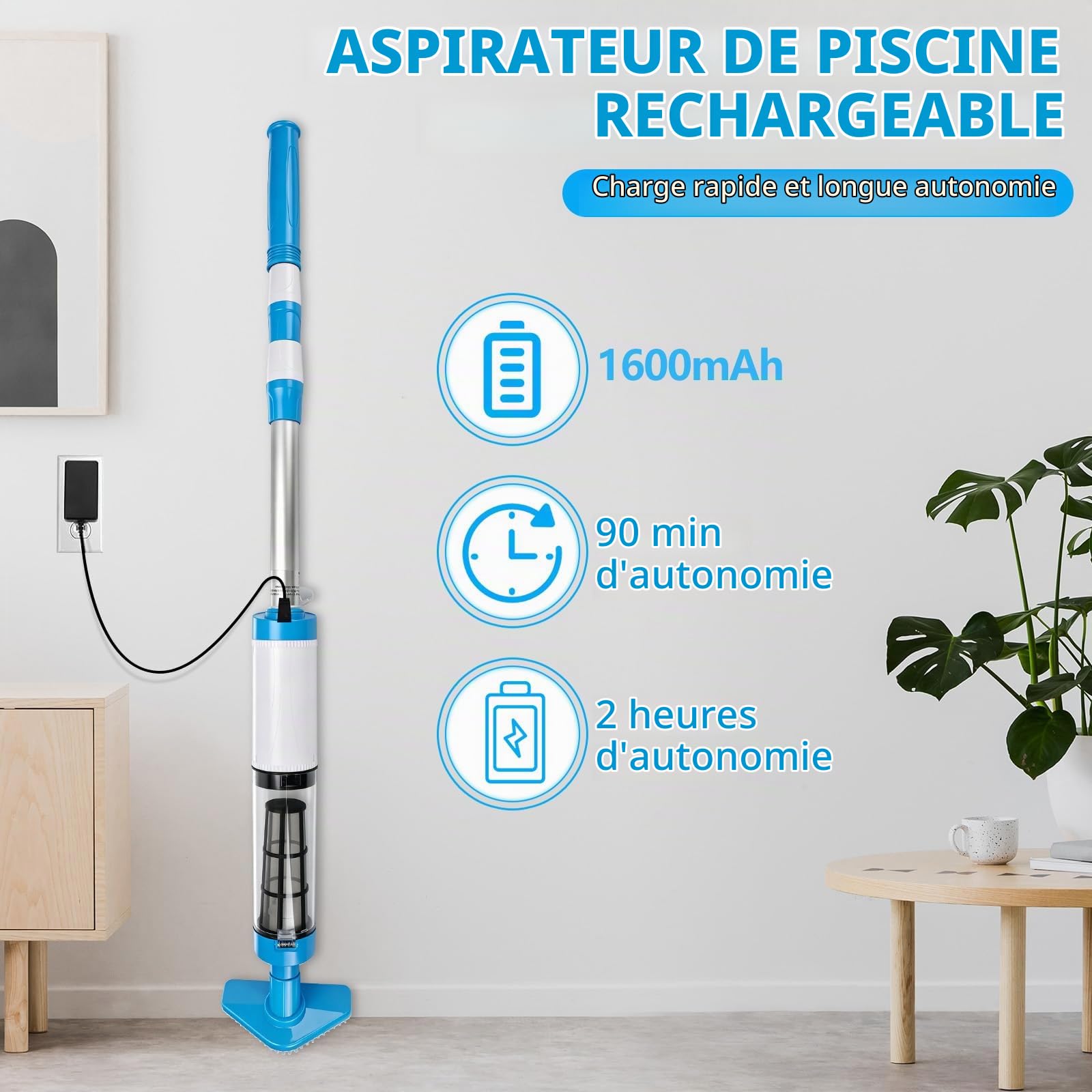 Aspirateur de Piscine sans Fil avec Batterie 1600 mAh, 3 têtes, Max. 165cm | Nettoyeur de piscine portable à batterie, avec rallonge, filtre, aspirateur pour piscine, jacuzzi et pataugeoire