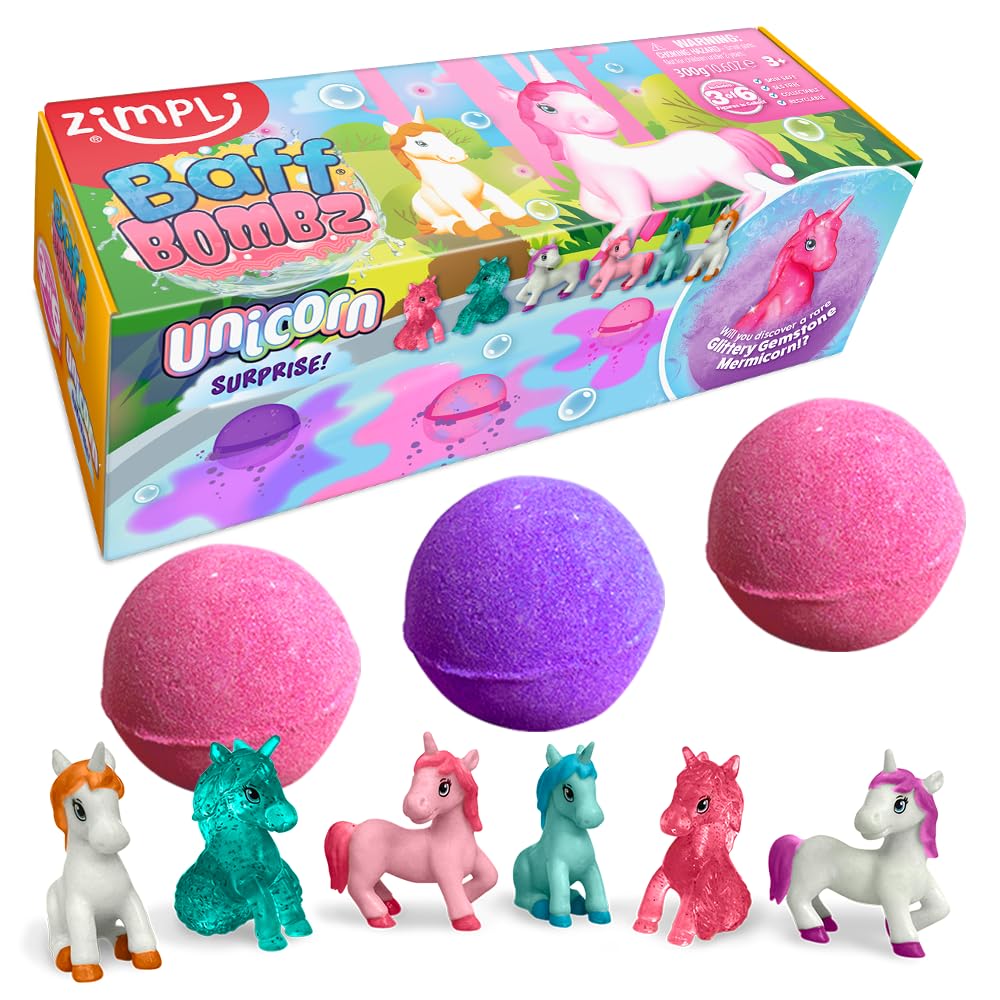 ZIMPLI - 3 x Large Unicorn Surprise Bath Bombs, 1 of 6 Surprise Unicorn Toys to Collect, One per Baff Bomb, Mystery Bath Bomb Gift for Children, Xmas Stocking Fillers